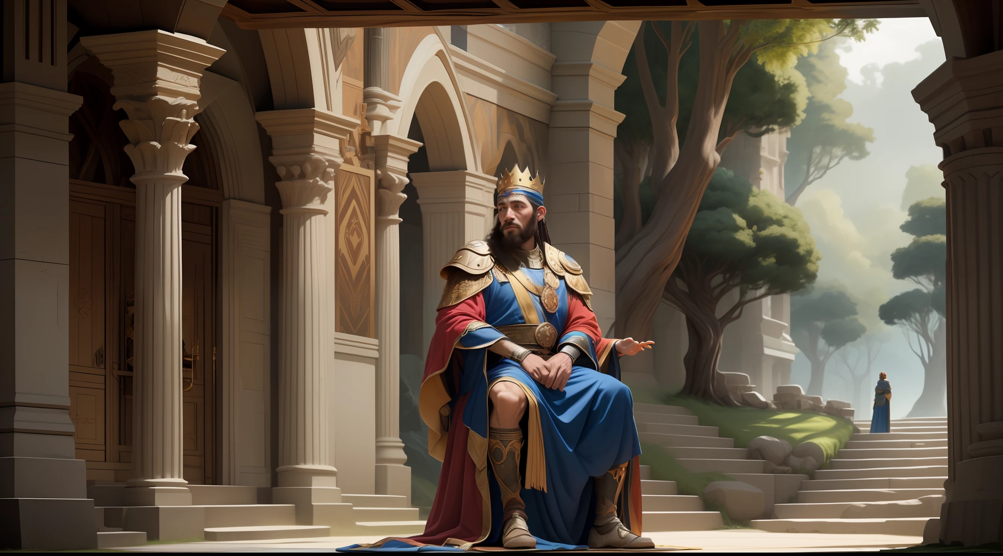 A wise king in his prosperous kingdom talking to one of his warriors