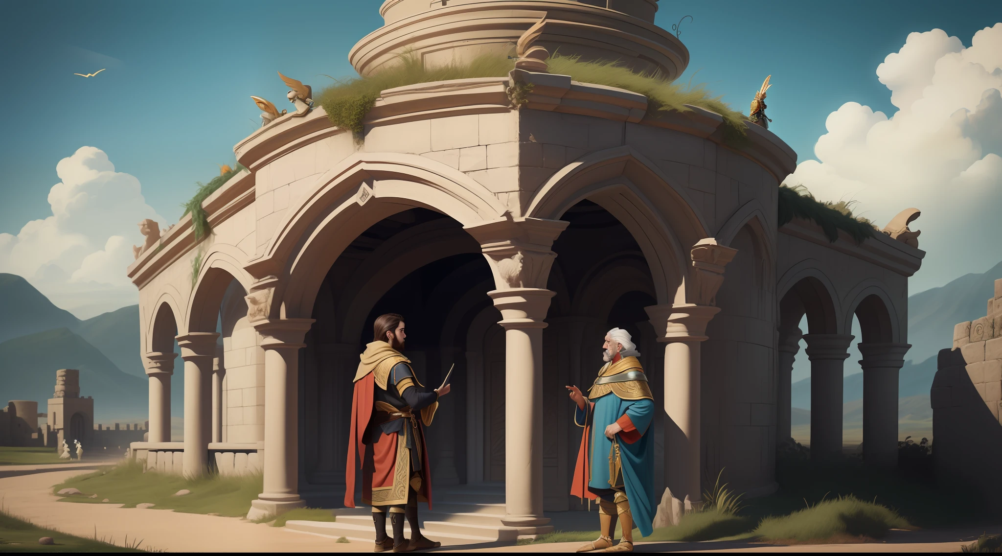 A wise king in his prosperous kingdom talking to one of his warriors