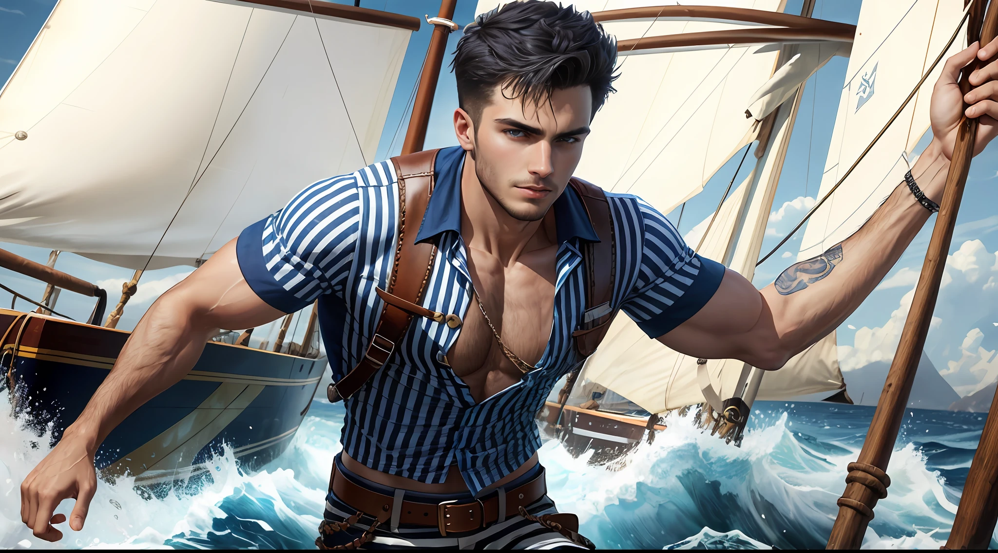 23 year-old Young male sailor, short hair, blue and white striped shirt, loose pants, leather boots,pirate in dramatic action pose close up (masterpiece:1), (best_quality:1), (ultra_detailed:1), 8k, extremely_clear, realism, (ultrarealistic:1)