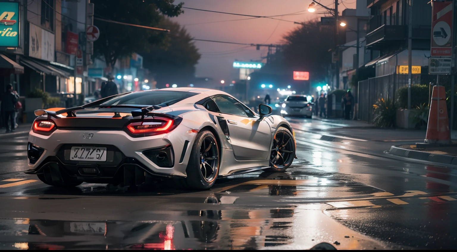 super detail, (painted in mango), Supercar in the style of the McLaren 765LT, Honda NSX Type R, Honda NSX NA1, no people, car, wheel, tire, debris, splash, sparks, electricity, glowing, city lights, very beautiful, car on the city(EGIPTO), against the background of a painted Will, water on the ground, 3d rendering, cyberpunk, car with japanese sports cars, street racing, drift, perfect image, vibrations, game asset, symmetrical, tuner, modified car, widebody, tram, street racing, 4k, modding culture, photorealistic, high detail, game ready, other auto racing, city life, speed tachometer background