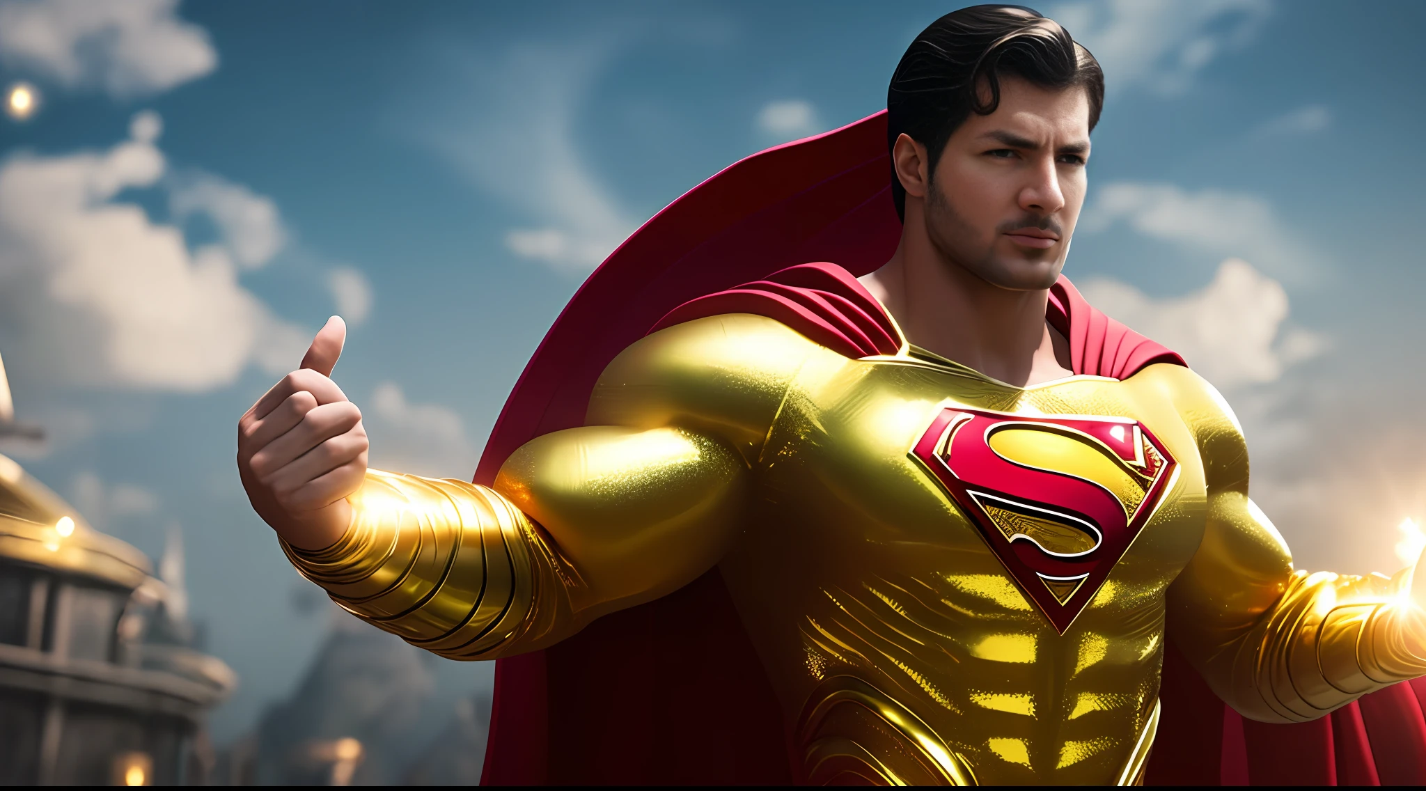 Golden Superman, shimmering golden costume with pearly White, perfect hands with four fingers and a thumb, (8k extremely detailed CG unit wallpaper, Golden uniform, gold Golden Superman costume, masterpiece, best quality, ultra-detailed), (best lighting, best shadow, extremely delicate and beautiful), floating, [(((1man))), (Superman: 1.3), muscles, bright blue lines, detailed costume, heroic pose):0.8],  [(celestial landscape, night, bright neon lights:1.2, blue energy effects, volumetric light):0.5] --auto
