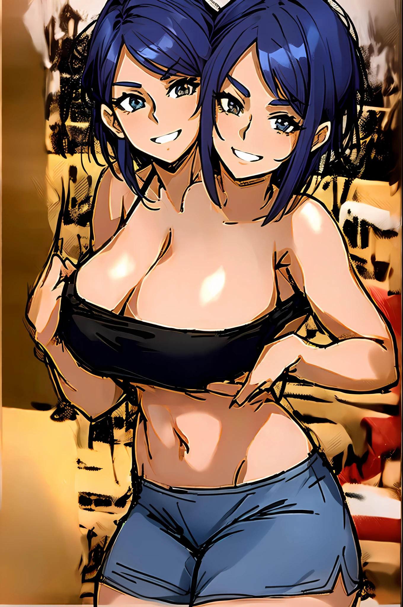2heads, a thin woman with 2 heads. She has enormous breasts. Her breasts are very round and firm. She is wearing only a sports bra and shorts. She is happy. She looks playful. Her breasts are massive.