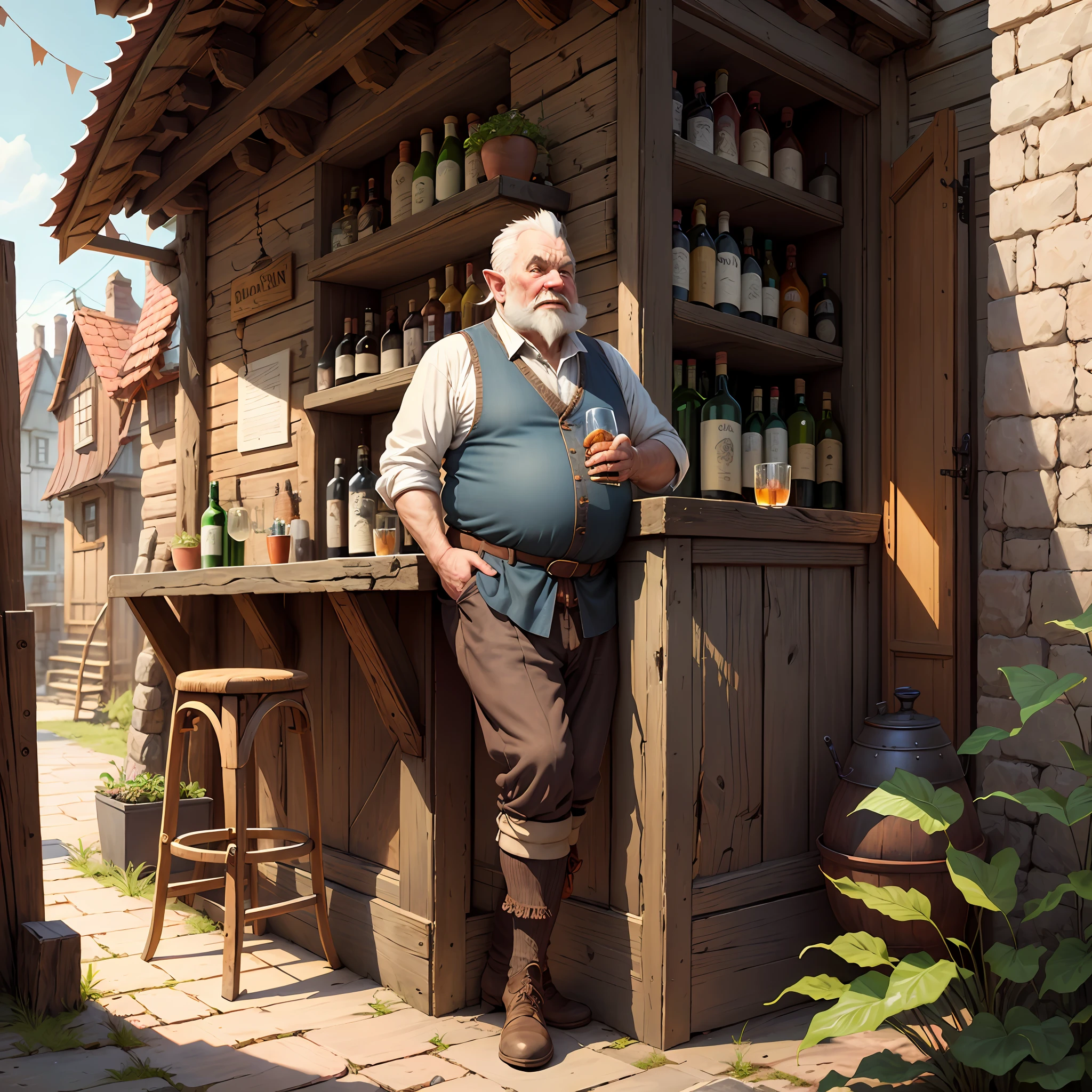 An art of a fantasy character. An old dwarf, drunk and pot-bellied, holding a bottle of liquor in his left hand. In the background is a rustic medieval bar. Vertical portrait format image. Character for RPG game, fantasy, fictional.