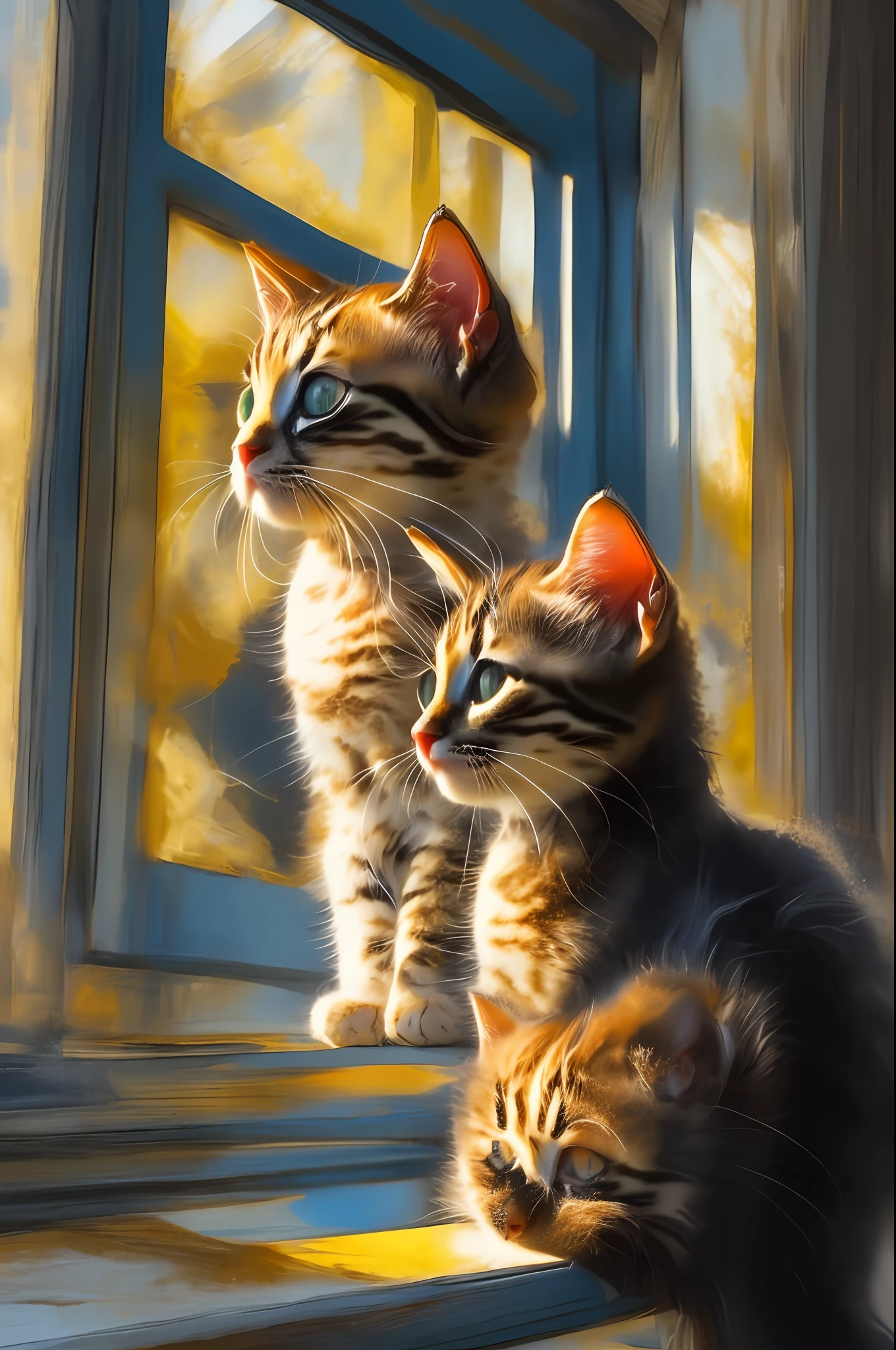 Three kittens side by side facing out the window, Fauvism, Expressionism, chromatic aberration abuse, cinematic lighting, drop shadow, highres, high quality, high details, super detail, masterpiece, anatomically correct, ccurate, retina