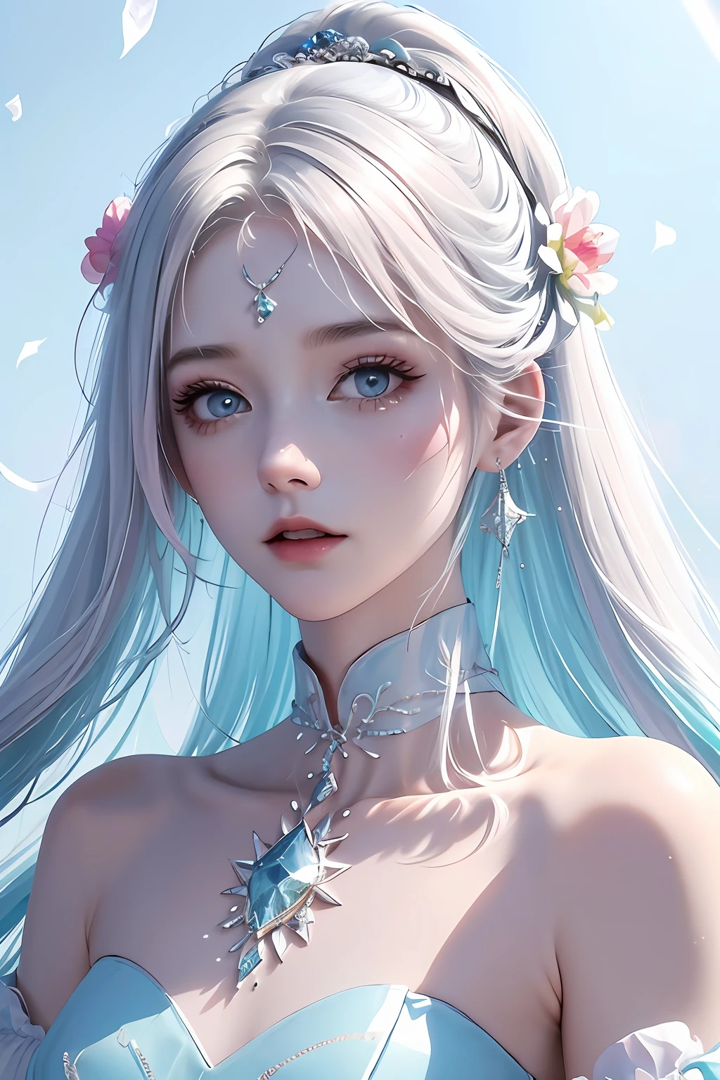 (Pink fashion T-shirt: 1.9), (Colorful hair: 1.8), (Rainbow all colors: 1.8), (((Vertical painting: 1.6))), (Painting: 1.6), Front, manga, illustration, painting, big eyes, crystal clear, (rainbow gradient high ponytail: 1.7), delicate makeup, shut up, (small freshness: 1.5), (bandeau: 1.6), long eyelashes, white off-the-shoulder T- shirt, White Shoulder Shirt, looking at the audience, Big watery eyes, (rainbow hair: 1.6), color splash, (solo:1.8), color splash, color explosion, colour splash, color explosion, thick lacquer style, messy lines, ((shining)), (colorful), (colorful), (colorful), colorful, Thick Paint Style, (Splash) (Color Splash), Vertical Painting, Upper Body, Paint Splash, Acrylic Pigment, Gradient, Paint, Highest Image Quality, Masterpiece, Solo, Depth of Field, Face Paint, colorful clothes, (elegance: 1.2), gorgeous, long hair, wind, (elegance: 1.3), (petals: 1.4), ((masterpiece))), ((best quality))), (ultra-detailed), (illustration), (dynamic angle), (floating), (paint), ((loose hair)), (solo), (1girl), ( ( ( detailed anima face))), (( Beautiful detailed face)), collar, exposed shoulders, white hair, ((colored hair)), ((striped hair)), beautiful BLUE detailed eyes, (gradient eyes), (colored eyes))), (colored background))), (high saturation))), ((surrounded by colorful splashes))),
