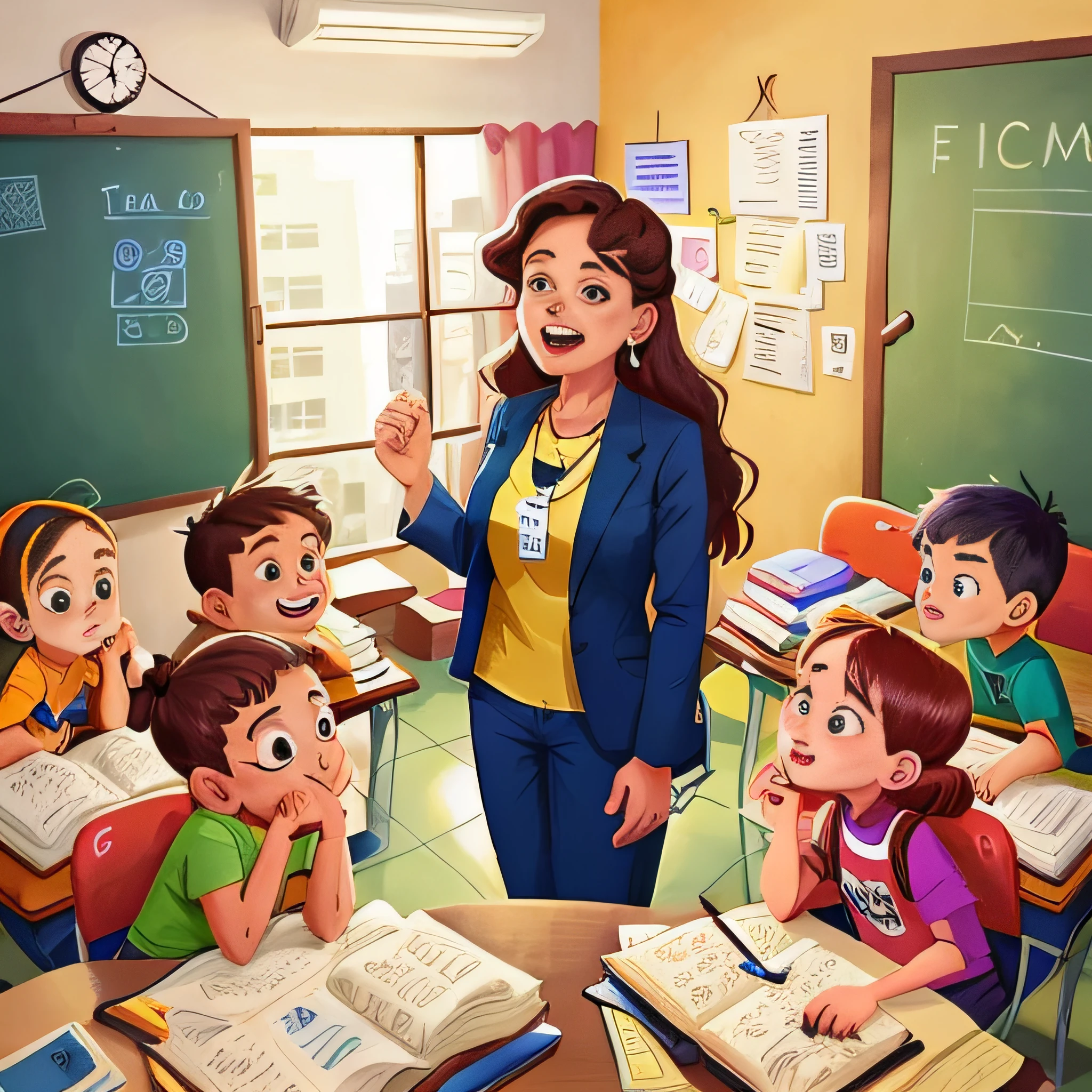 a turma dentro da sala de aula, com a professora na frente
