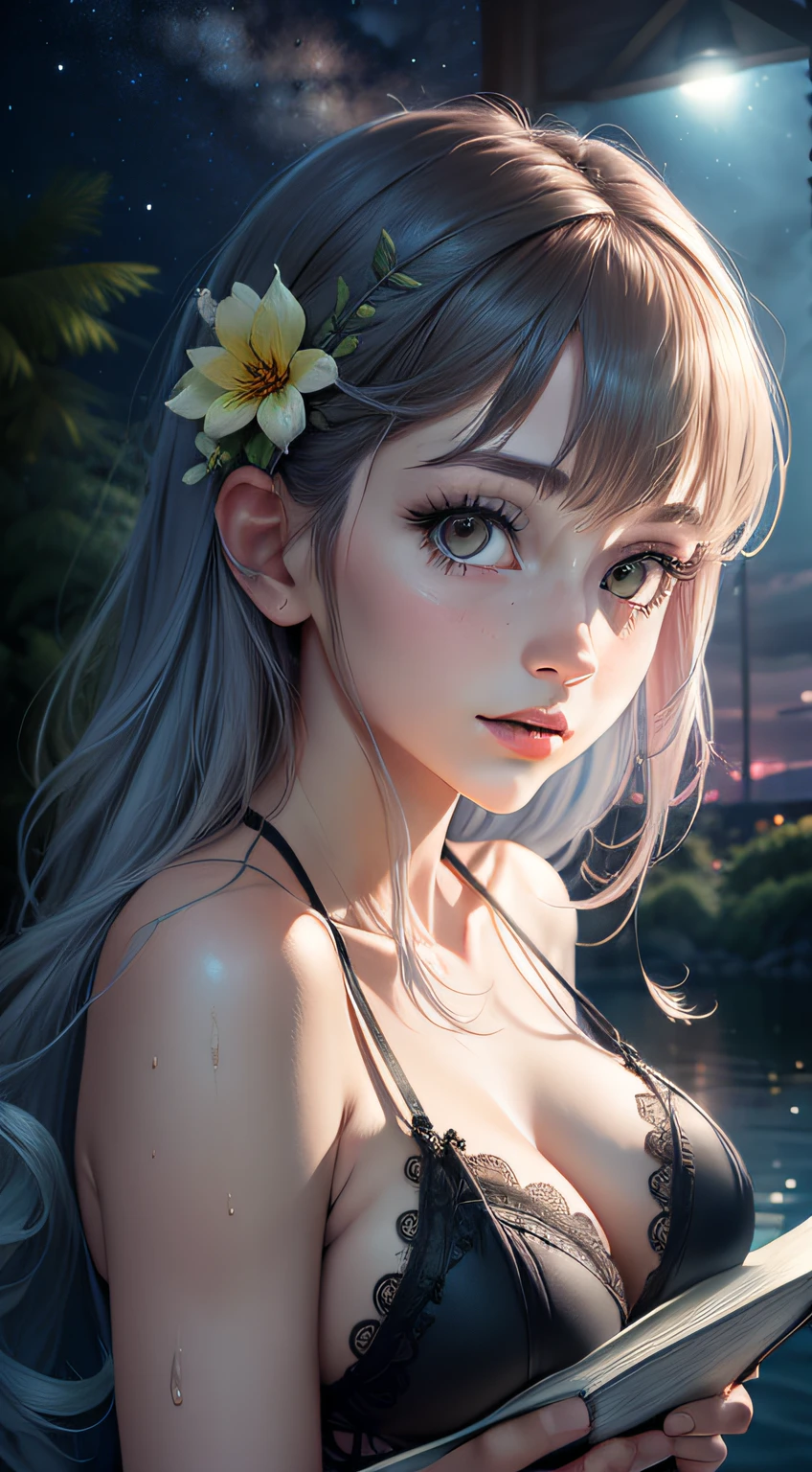 1menina, peito nu, mamilos, lingerie transpararente, lua, lanterna, noite, solo, quarto, hair accessory, ruiva, molhado, hanfu, wading, water, cabelo flor, flor, ao ar livre, heaven, lua cheia, chuva, cabelo moreno, not shoulder, montanha, nuvem, segurar, cinto, ombro nu, lanterna de papel, standingn, lingerie pura, night sky, peito, calcinha, cinto, roupas molhadas, franja, tree, looking up at the audience, reflexo, cabelo curto, clouded skies, cabelo molhado ((obra-prima), (muito detalhado CG Unity 8k wallpaper), melhor qualidade, Solo, 1girl, film lighting, fundo detalhado, belos olhos detalhados, pupilas brilhantes, (muito delicado e bonito), (beautiful and detailed description of the eyes), (peito pequeno: 1.5), (espessura da coxa: 1.0), super detalhado, obra-prima,))
