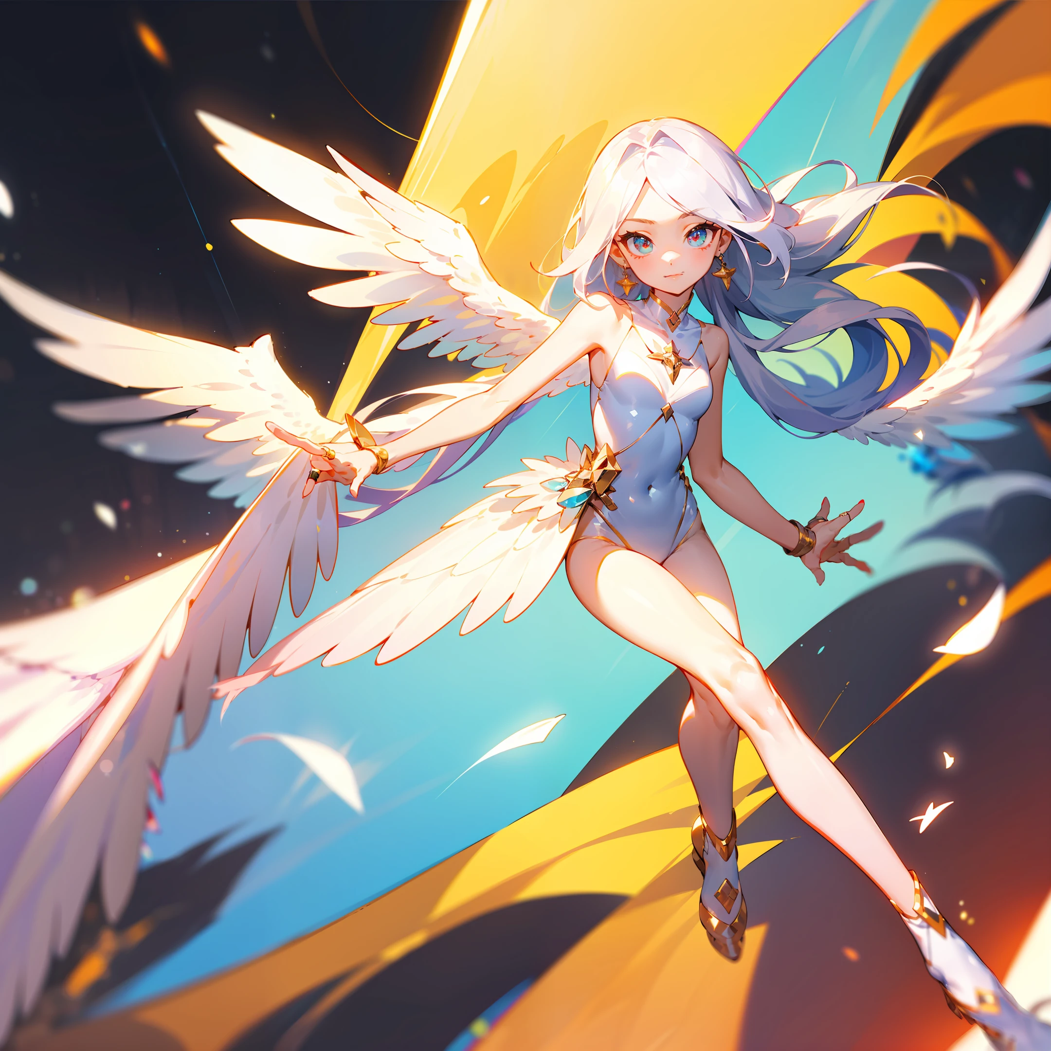 (Masterpiece: 1.4), (Best Quality: 1.4), (Very Cute Angel Girl, Super Detailed Face, Jewel-like Eyes, White Very Long Hair, Colorful Gradient Hair: 1.4), (Angel Ring:
1.4), (Angel Wings: 1.4), (Full body, perfect 2 arms, perfect 2 legs: 1.4), Perfect 4 fingers: 1 thumb, light, shine, bokeh, super fine