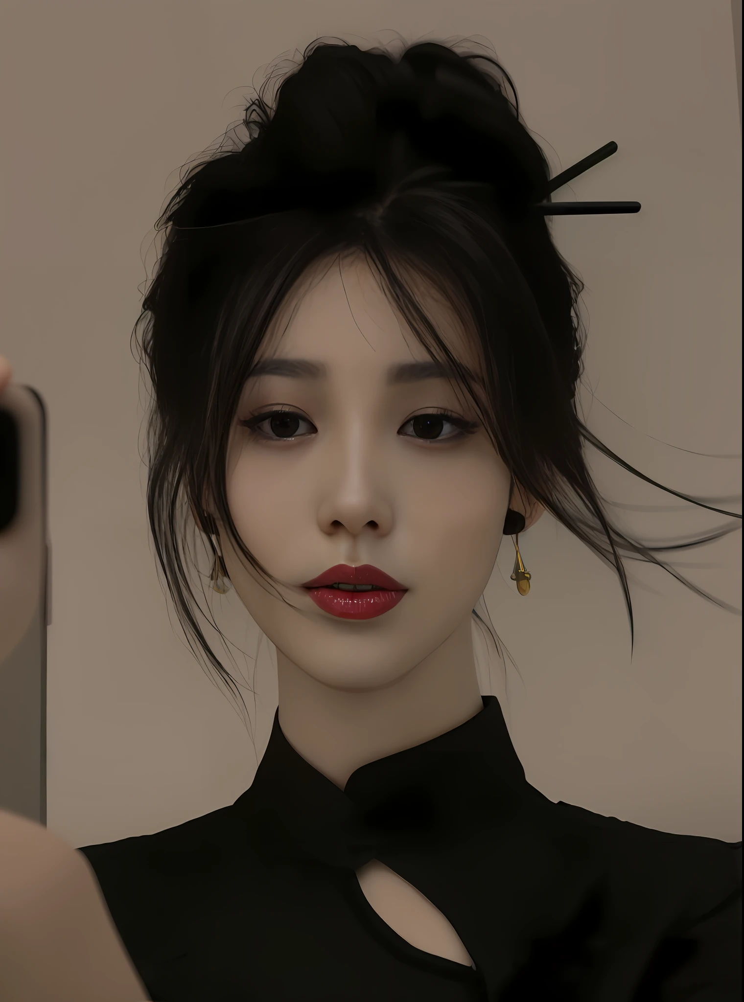 There is a woman with black hair and a black blouse taking a picture, Guviz-style artwork, Guviz, inspired by Sim Sa-jeong, guweiz masterpiece, digital art of an elegant, Realistic anime 3 D style, Realistic. Cheng Yi, in the art style of bowater, ulzzangs