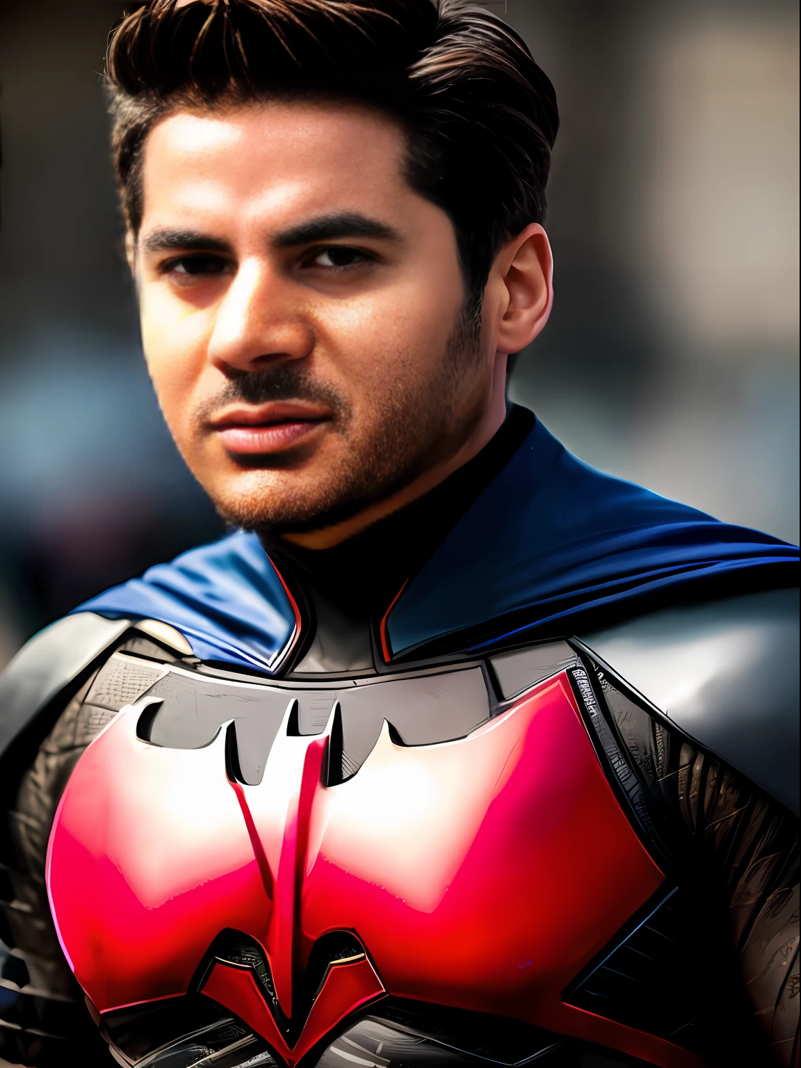 Homem de Batman com barba e capa, Superhero portrait, foto de retrato, Retrato tirado 8 K, foto de retrato em close-up, fan art, tiro de close-up, superhero from the boys tv show, heroic look, wearing red and yellow hero suit, hero, Foto de perfil, tordo, medium close - up ( Mcu ), Superheroíne, Retrato de Batman, Contraste --auto