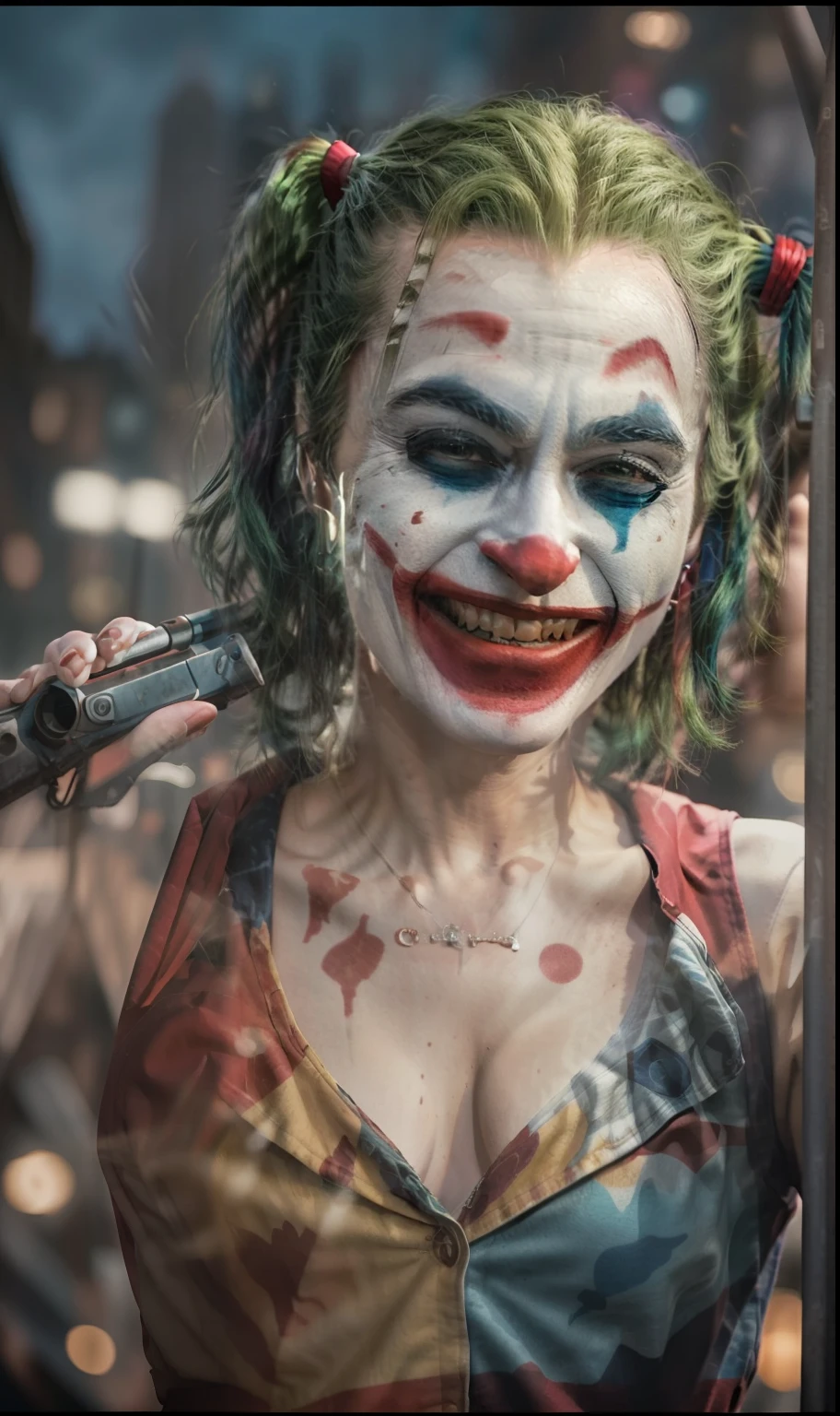 Harley Quinn as a Joker (pointing a gun at his own head) crazy laughing, high detail, sharp focus, photorealistic, moody, smokey, hyperdetailed, 8k, frostbite 3 engine, cryengine, dof, trending on artstation, digital art,( front facing:1.1), city in the background, psycho, psychopath, upper body shot, super detailed hair