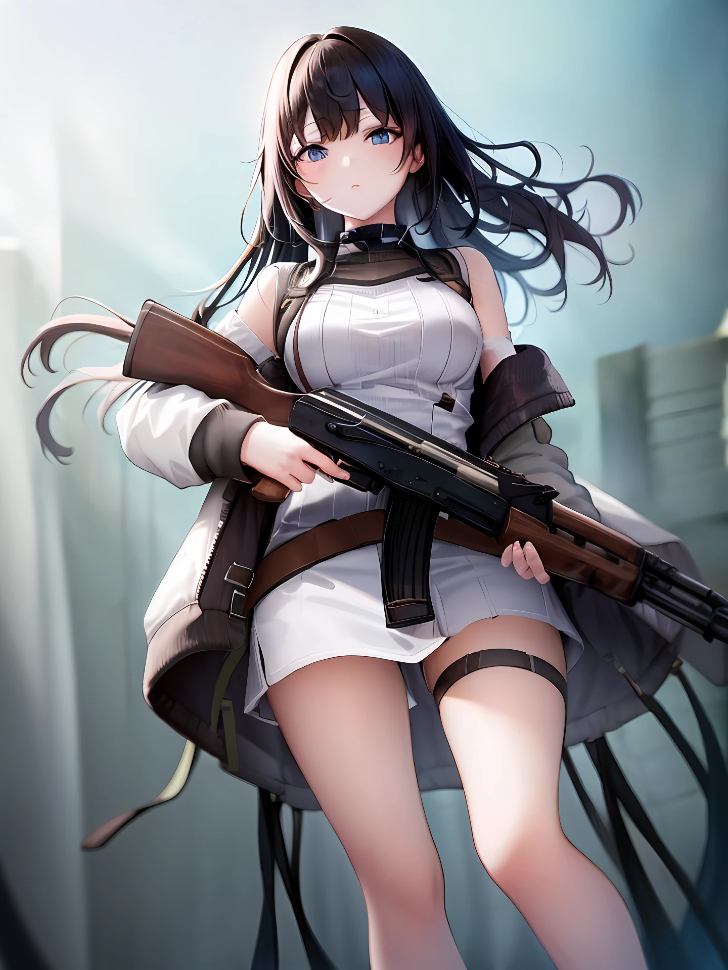 masterpiece, best quality, high resolution, 1girl, solo, black_hair, blue_eyes, jacket, holding gun, ak-47, akm, assault rifle, kalashnikov rifle, trigger_discipline, low-ready