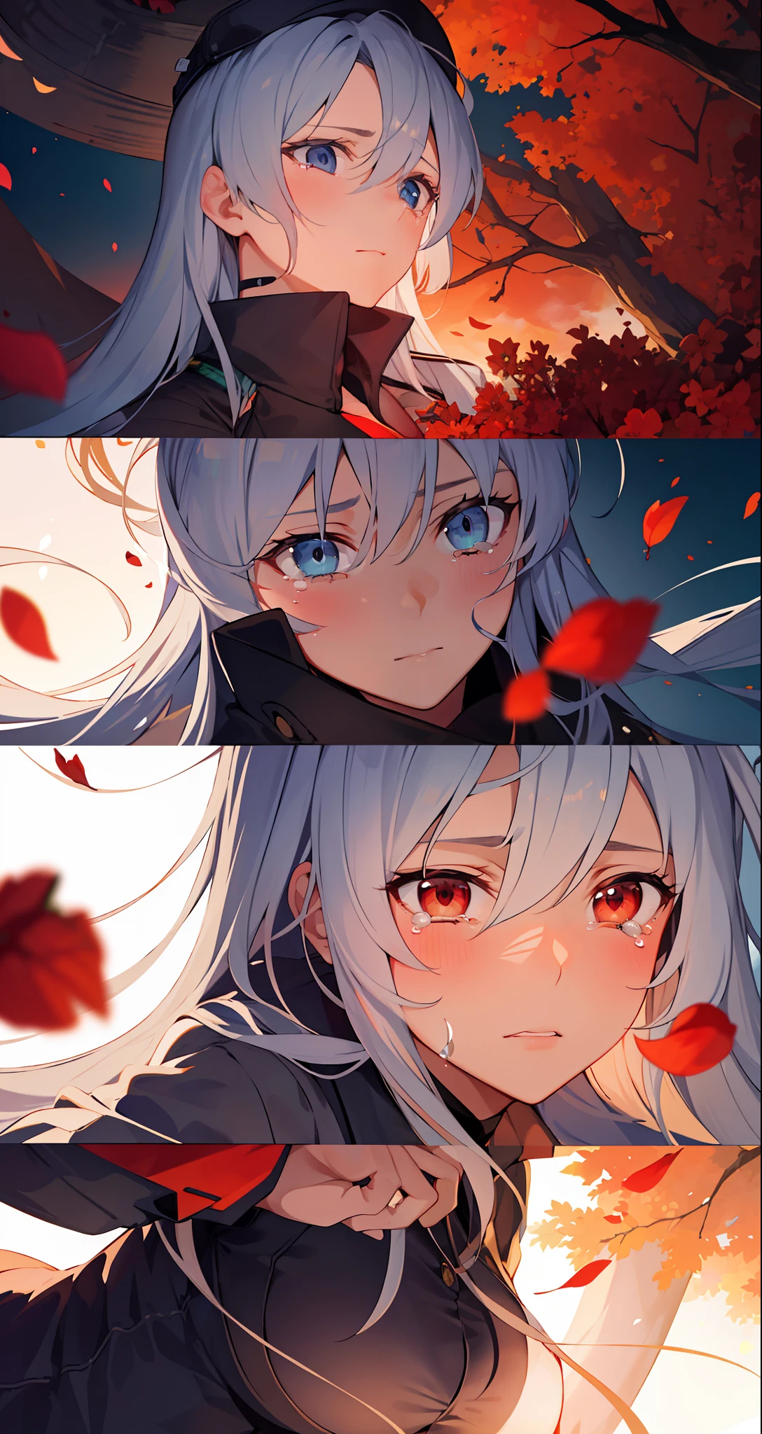 (masterpiece), (best quality),highres, ultra detailed, professional lighting, esdeath, esdeath outfit, front view, tearful eyes, sad, tilted head, looking away, crying, falling petals, whole body, cheeks turning red, depressed look