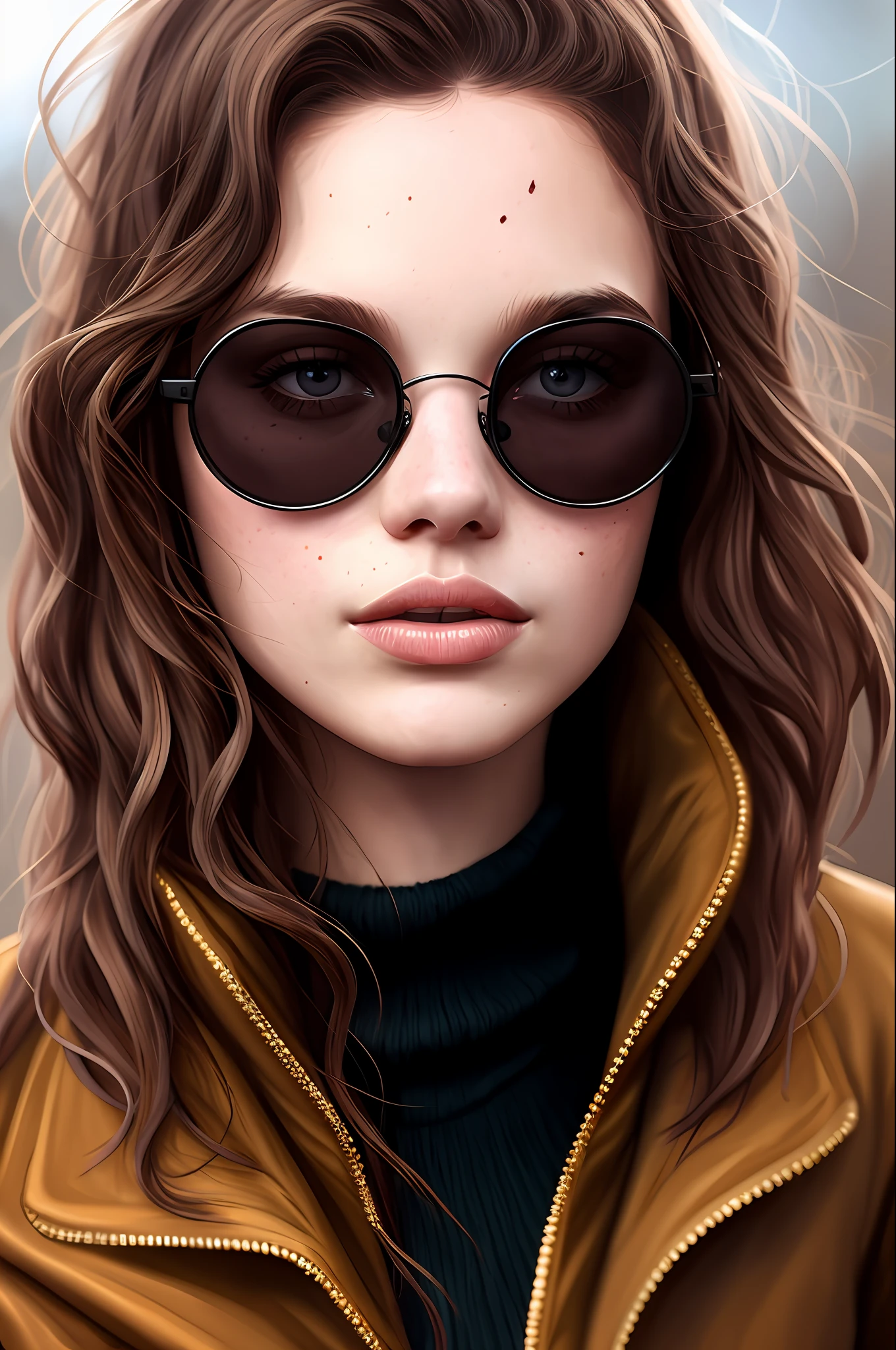 black round shades, A full body portrait of a beautiful wild, intricate, elegant, highly detailed, digital painting, artstation, concept art, smooth, sharp focus, illustration, brown hair, black jacket, youthful,, Hannah Murray, round face, messy hair, hippy, freckles