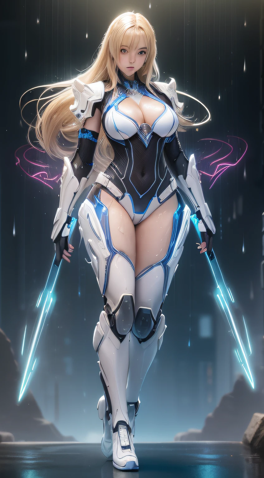 ((full body):1.5), ((female):1.3), big breasts, big chest, thin waist, big ass, extremely sexy, wearing (high-tech mechanical armor) translucent:1.3), long blonde hair mechanical suit high-tech in red and blue color, Intricate neon circuits, translucent skin, (intricate luminous details on the armor), ((vaporous:1.2) (transparent:1.2) (White: 0.6) (chiffon) (cut top) gripped (wet: 1.4) skin ): 1.2))), raining weather, wet body, sweaty, emanating a lot of power, extreme richness of detail, gloomy night time, preparation for rain