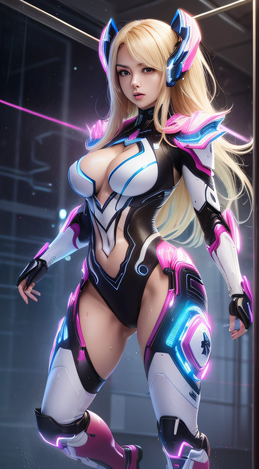 ((full body):1.5), ((female):1.3), big breasts, big chest, thin waist, big ass, extremely sexy, wearing (high-tech mechanical armor) translucent:1.3), long blonde hair mechanical suit high-tech in red and blue color, Intricate neon circuits, translucent skin, (intricate luminous details on the armor), ((vaporous:1.2) (transparent:1.2) (White: 0.6) (chiffon) (cut top) gripped (wet: 1.4) skin ): 1.2))), raining weather, wet body, sweaty, emanating a lot of power, extreme richness of detail, gloomy night time, preparation for rain
