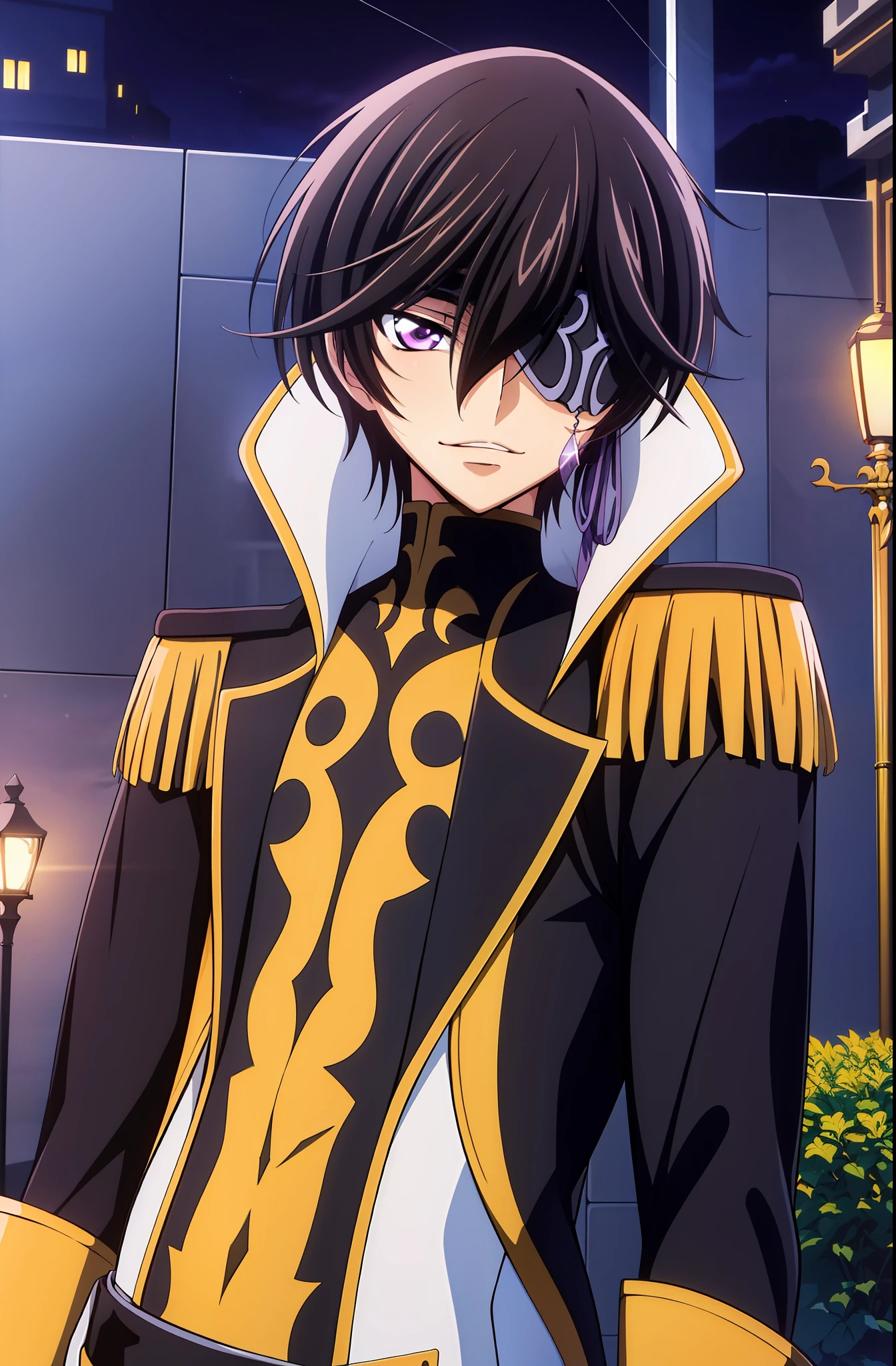 (Night:1.7), Castle,
yellow and black outfit ,holding_staff,black coat,
lelouch_lamperouge,
black_hair,purple_eyes,
1 man, 20yo,male,Beautiful FingerBeautiful body,Beautiful Nose,Beautiful character design, perfect eyes, perfect face,
NSFW,official art,extremely detailed CG unity 8k wallpaper, perfect lighting,Colorful, Bright_Front_face_Lighting,
(masterpiece:1.0),(best_quality:1.0), ultra high res,4K,ultra-detailed,
photography, 8K, HDR, highres, absurdres:1.2, Kodak portra 400, film grain, blurry background, bokeh:1.2, lens flare, (vibrant_color:1.2) Standing