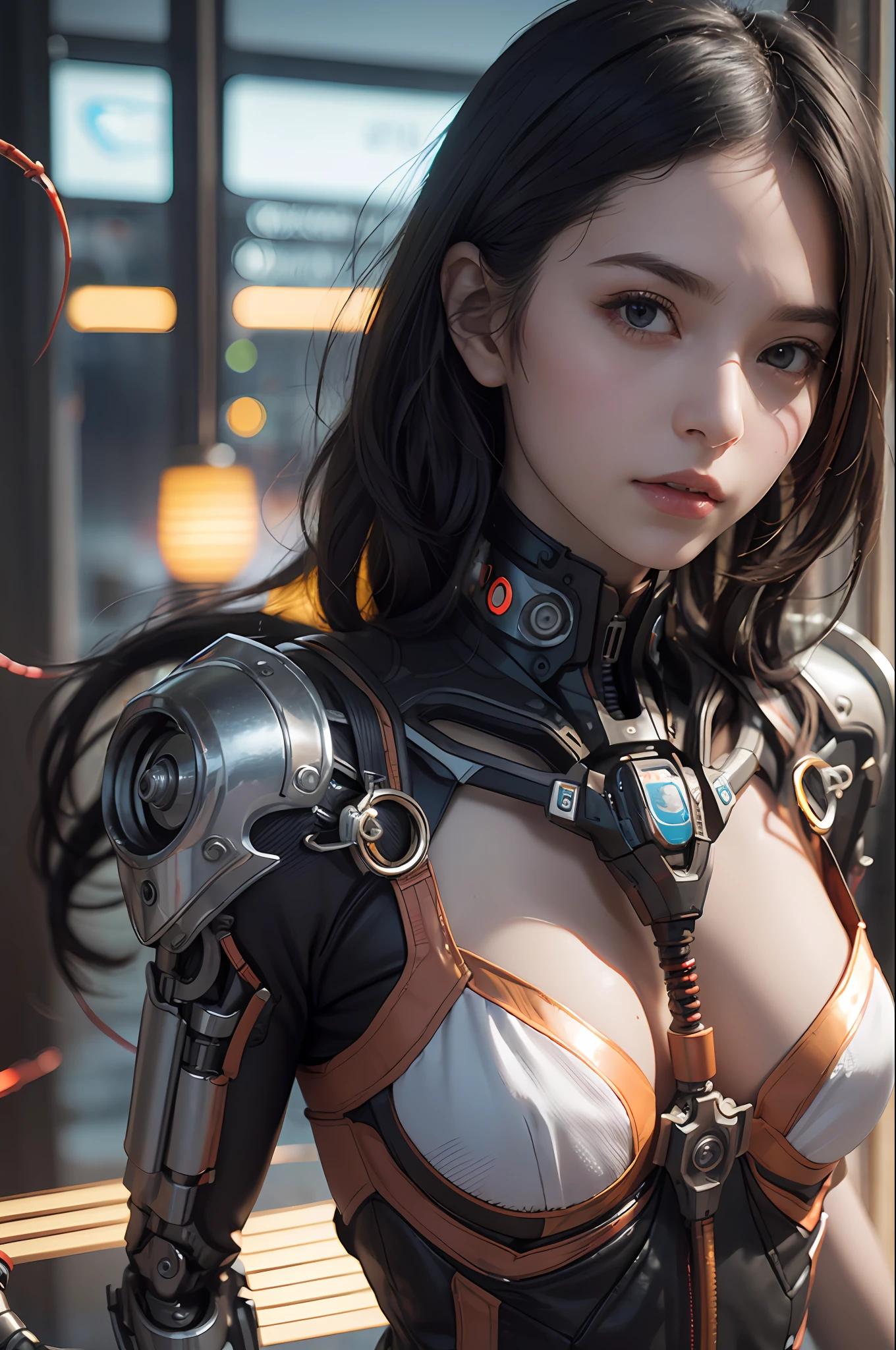 Top Quality, Masterpiece, Ultra High Resolution, (Photorealistic: 1.4), Raw Photo, 1 cyberpunk Girl, Black Hair, Glossy Skin, 1 Mechanical Girl, (Ultra Realistic Detail)), Full body, Global Illumination, Contrast, Shadows, Octane Rendering, 8K, Ultra Sharp, Cleavage Exposed, Raw Skin, Metal, Intricate Ornament Details, Japan Details, Very intricate details, realistic light, CGSoation trend, facing the camera, neon details, mechanical limbs, blood vessels connected to the tube, mechanical vertebrae attached to the back, mechanical cervical attachment to the neck, wires and cables connecting to the head, gundam, small LED lamps.
