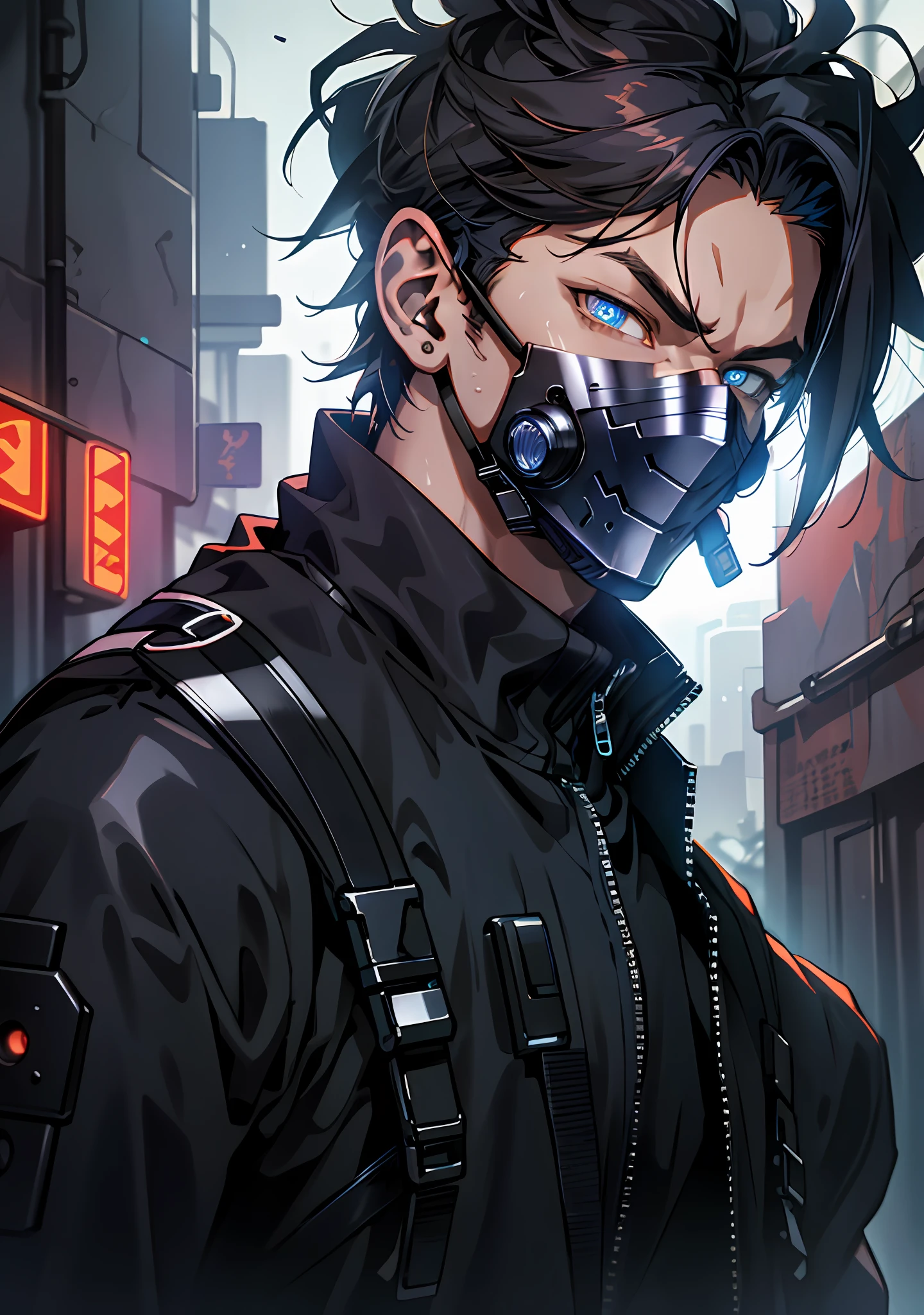 ultra detail, high resolution, ultra detailed, best quality, amazing, top quality, extremely detailed CG unity 8k wallpaper, cinematic lighting, cyberpunk, dark boy, goku gang facemask, glowing blue eyes