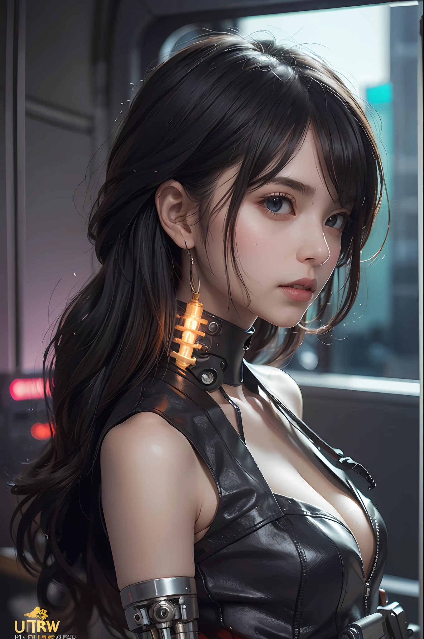 Top Quality, Masterpiece, Ultra High Resolution, (Photorealistic: 1.4), Raw Photo, 1 cyberpunk Girl, Black Hair, Glossy Skin, 1 Mechanical Girl, (Ultra Realistic Detail)), Full body, Global Illumination, Contrast, Shadows, Octane Rendering, 8K, Ultra Sharp, Cleavage Exposed, Raw Skin, Metal, Intricate Ornament Details, Japan Details, Very intricate details, realistic light, CGSoation trend, facing the camera, neon details, mechanical limbs, blood vessels connected to the tube, mechanical vertebrae attached to the back, mechanical cervical attachment to the neck, wires and cables connecting to the head, gundam, small LED lamps.
