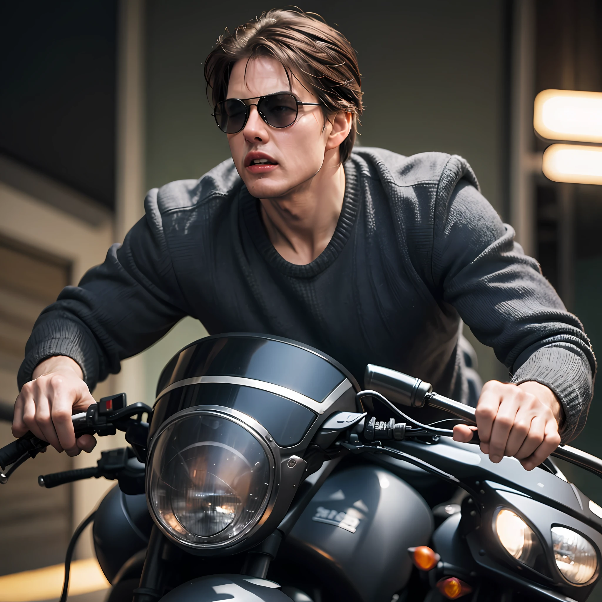 Tom Cruise, A scene from the movie Mission Impossible , Tom Cruise drives a motorcycle and wears a black suit and black glasses, Full details of Tom Cruise, facial details, Realistic, Cinematic, True colors, high-resolution, 巨作
