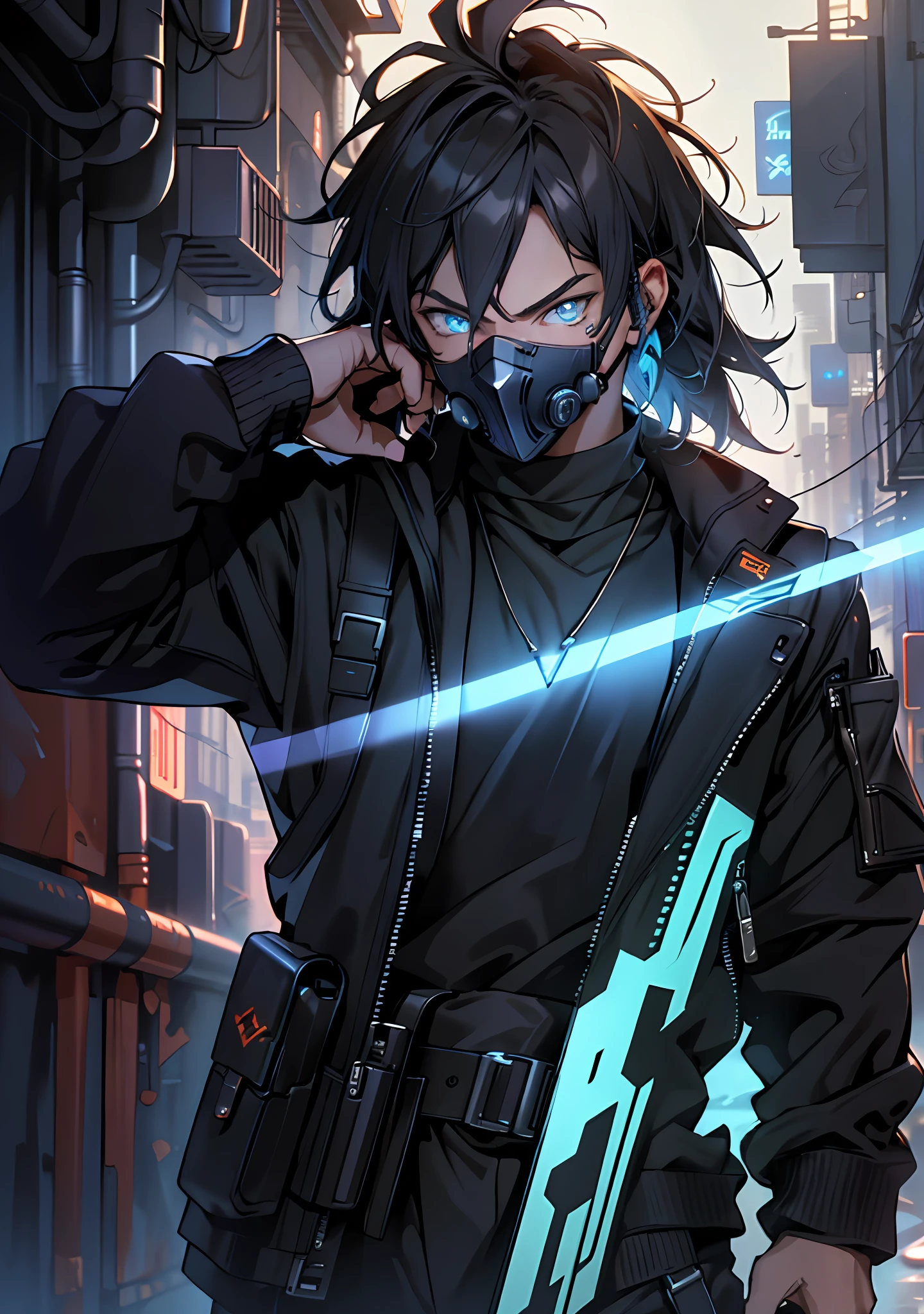 ultra detail, high resolution, ultra detailed, best quality, amazing, top quality, extremely detailed CG unity 8k wallpaper, cinematic lighting, cyberpunk, dark boy, goku gang facemask, glowing blue eyes