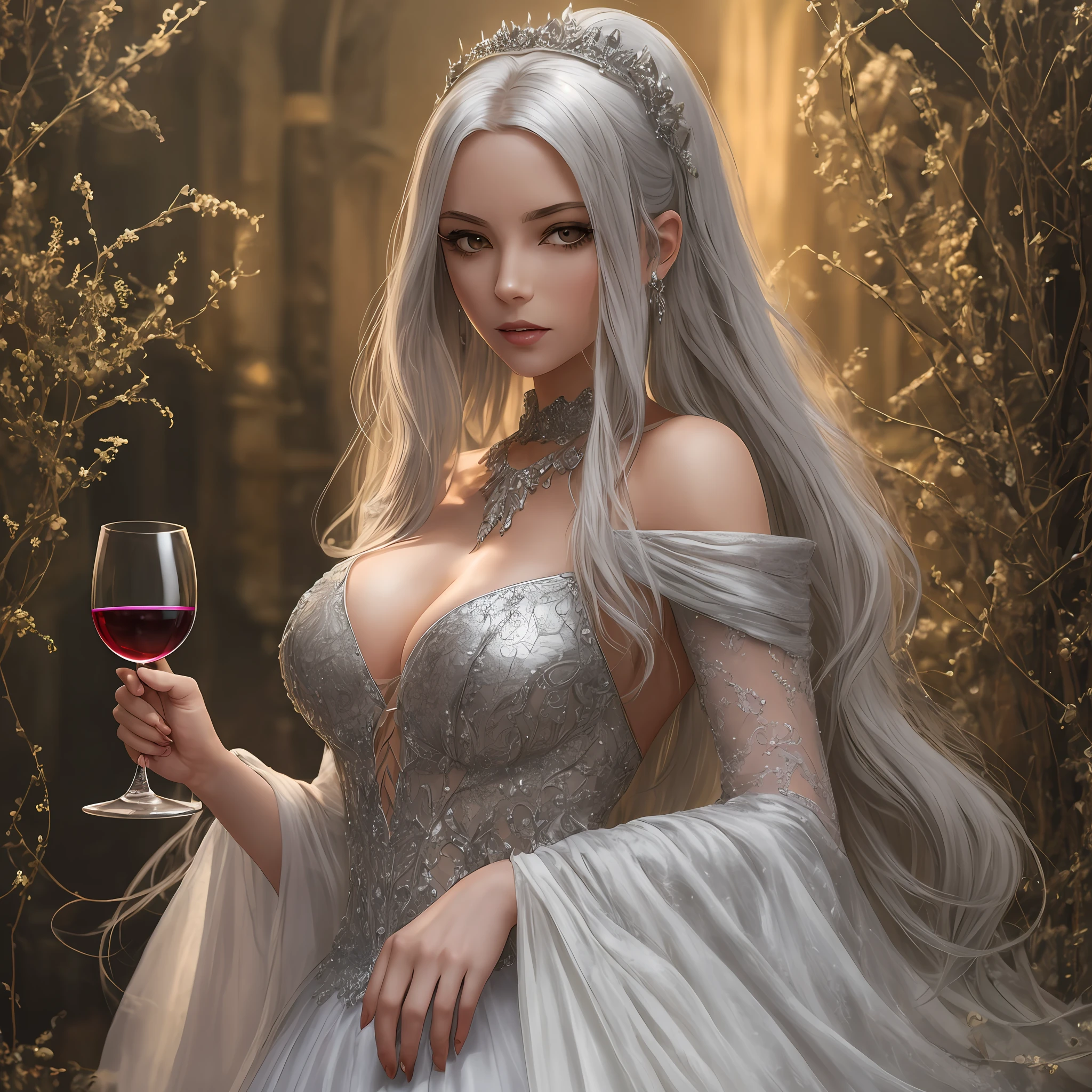 A young female vampire, beautiful, in a silver gown, holding a glass of wine in her hand. --auto --s2
