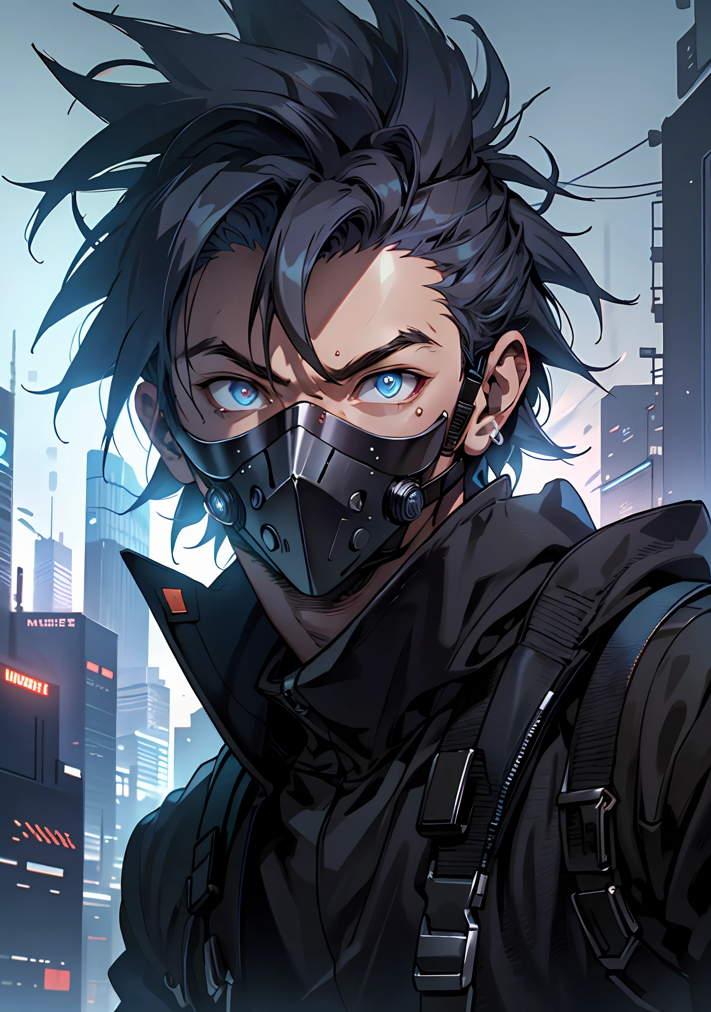 ultra detail, high resolution, ultra detailed, best quality, amazing, top quality, extremely detailed CG unity 8k wallpaper, cinematic lighting, cyberpunk, dark boy, goku gang facemask, glowing blue eyes