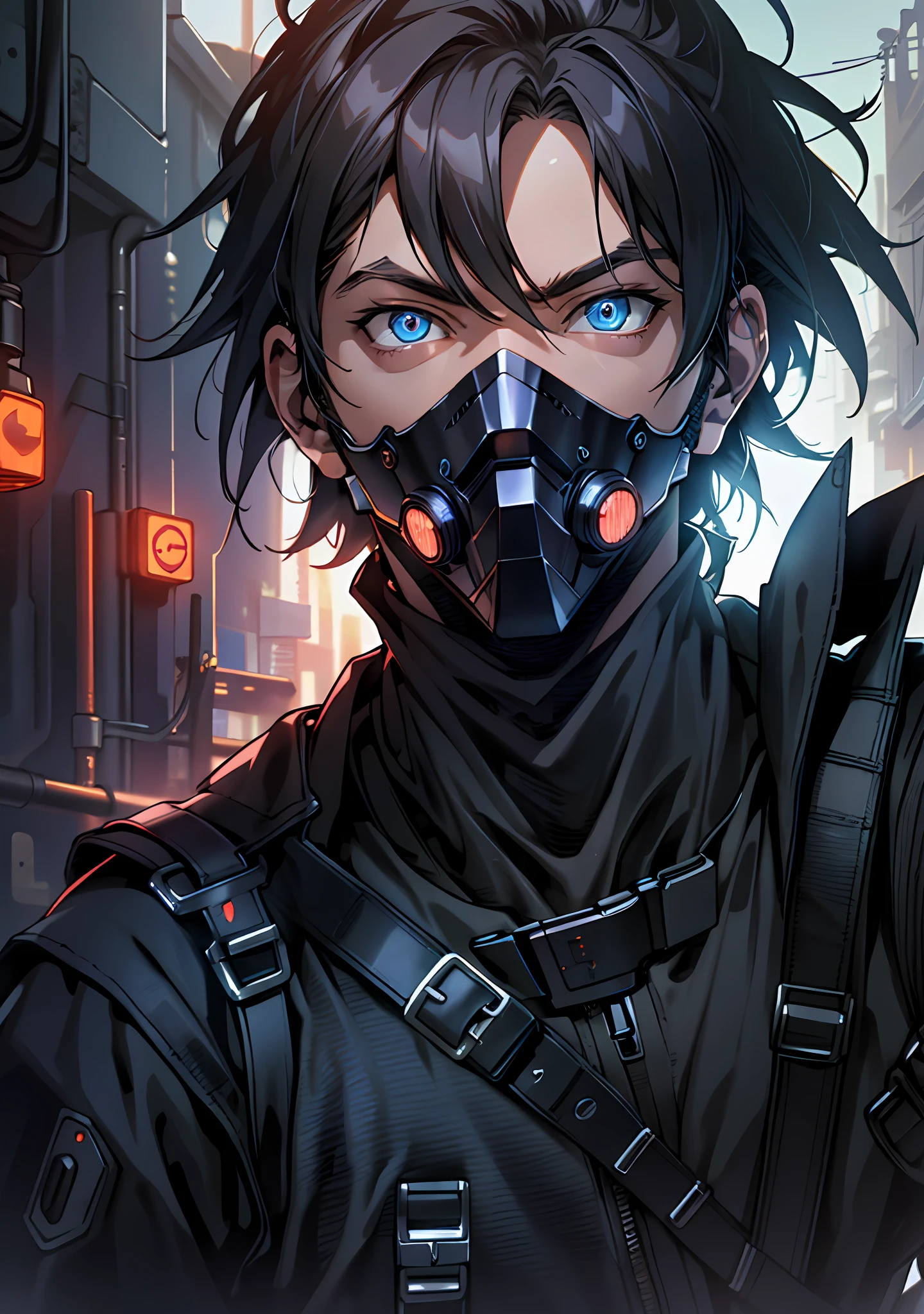 ultra detail, high resolution, ultra detailed, best quality, amazing, top quality, extremely detailed CG unity 8k wallpaper, cinematic lighting, cyberpunk, dark boy, goku gang facemask, glowing blue eyes