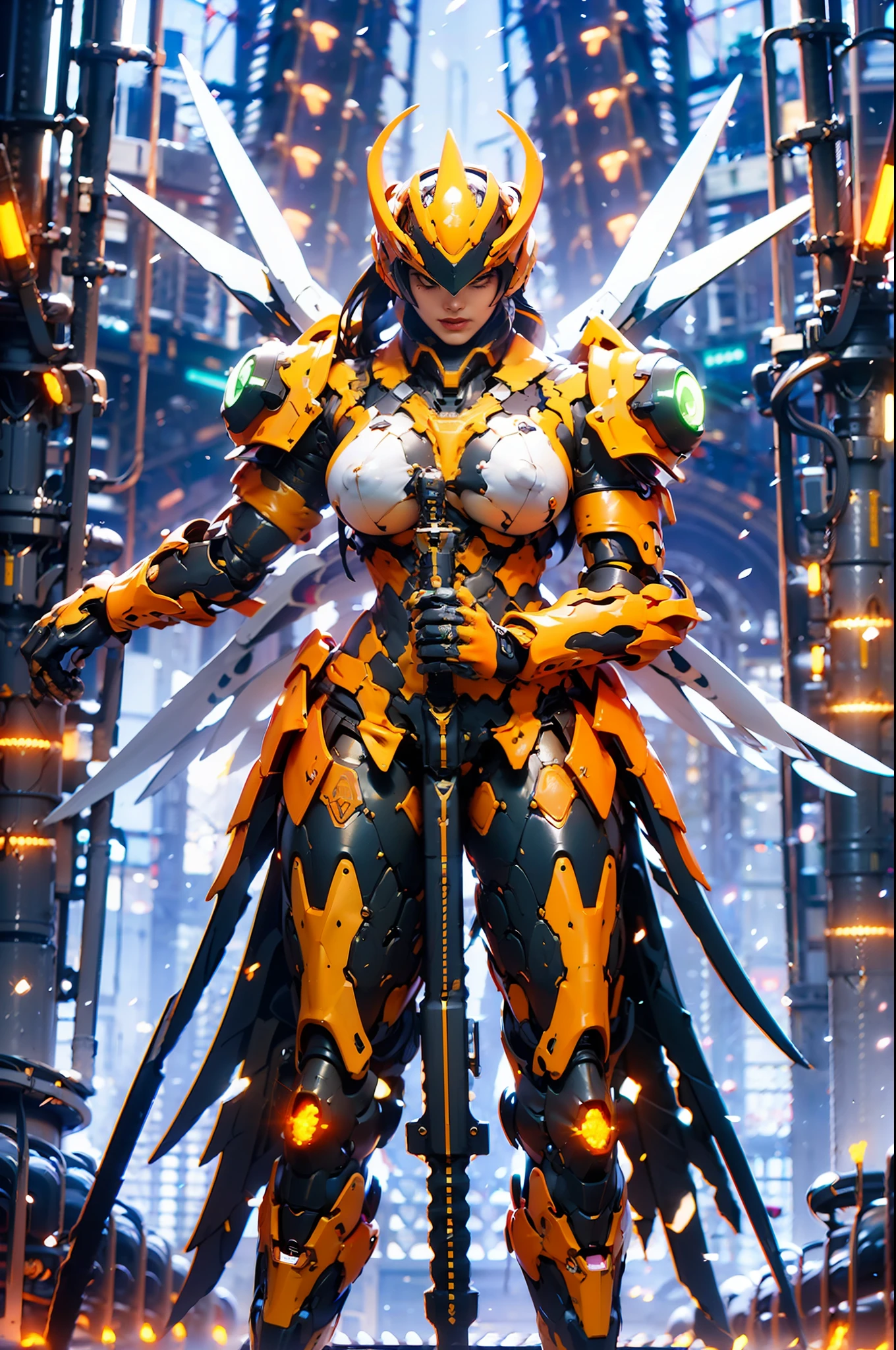 ((Unreal Engine 5)), Realistic Rendering, Excellent, (full mecha armor), helm, (Yoga Pants), looking on viewer, posing walkdown on street, beautiful face, makeup, (photorealism:1.2), ultrarealistic uhd face, (huge fake boobs:1.4), (gigantic breasts:1.1), (muscle abs), (big butt), (wide hips), (thick thighs), slim waist, hourglass figure, full body, ((glowing skin)), ((shiny skin)), Realistic body, ((she is sexy)), ((clean skin)), photorealistic, bokeh, masterpiece, highres, 1080P.