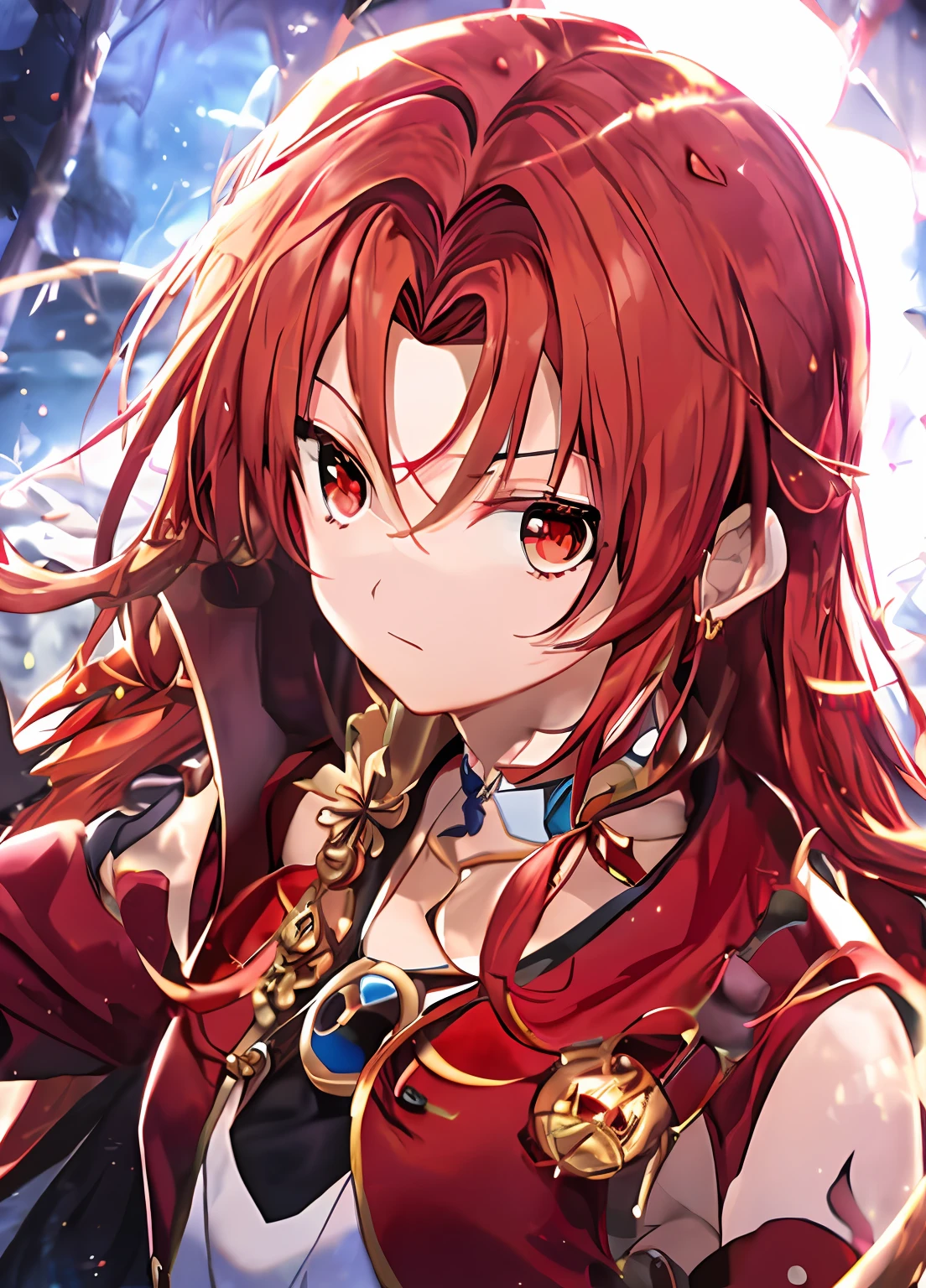 A closeup of a woman in a red suit with a chain around her neck, knights of zodiac girl, Saint Seiya, portrait knights of zodiac girl, Dia de Joana, Ciborgue sereia com um chicote laser, Angewoman Glamorous Digimon, em jojo\A Aventura Bizarra, Senhora Palutena, Arte do local, inspirado em Bartolomeo Vivarini, Torres, rosto detalhado, (((foto de corpo inteiro))), correndo , concentrando magia vermelha na ponta de uma espada