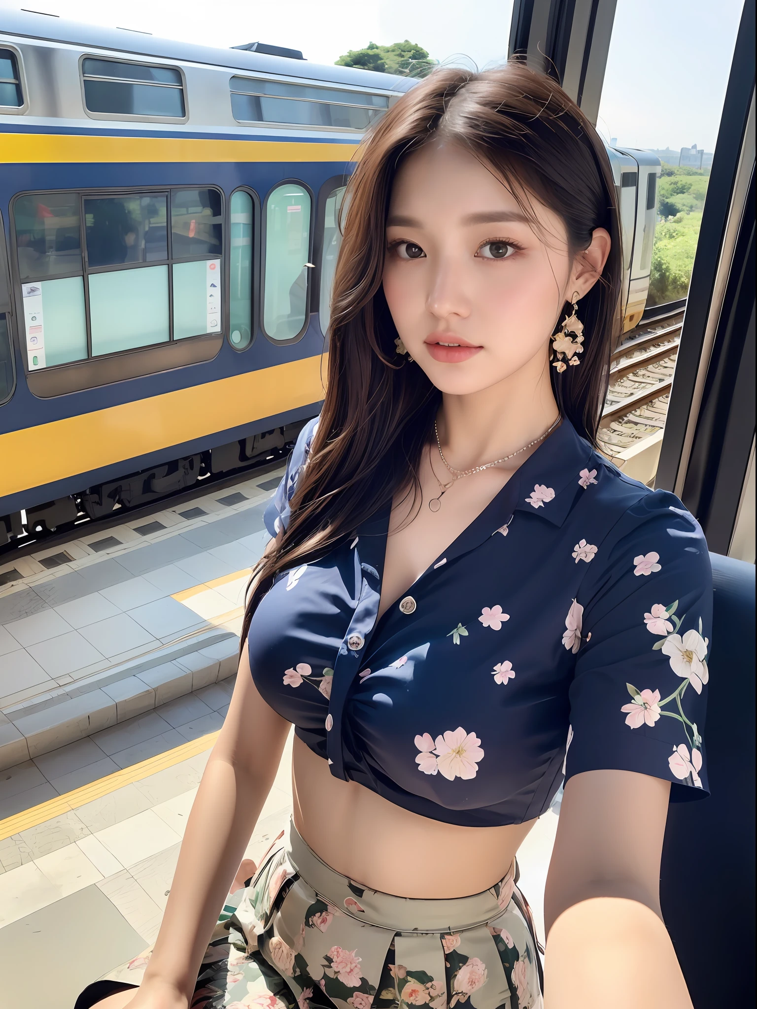 (Navy blue floral blouse:1.2), (wearing a White maxi-skirt:1.3), ((Innocent and cute girl:1.2)), (Layered Hairstyle, Light-brown hair, medium long hair), Very Detailed Face and Skin Texture, Detailed Eyes, Double Eyelids, Pale Cheeks, Shiny eyes:1.2, shiny little neckless and earrings, Glossy Lips: 1.4, fair skin:1.2, Perfect body, (Cowboy shot), (Selfie pose on Instagram), from the side, looking at the viewer next to you, medium large breasts, (upper bust), (seductive appearance: 1.2), (In the passenger seat of a train), ((beautiful clear sea view outside the train window)),