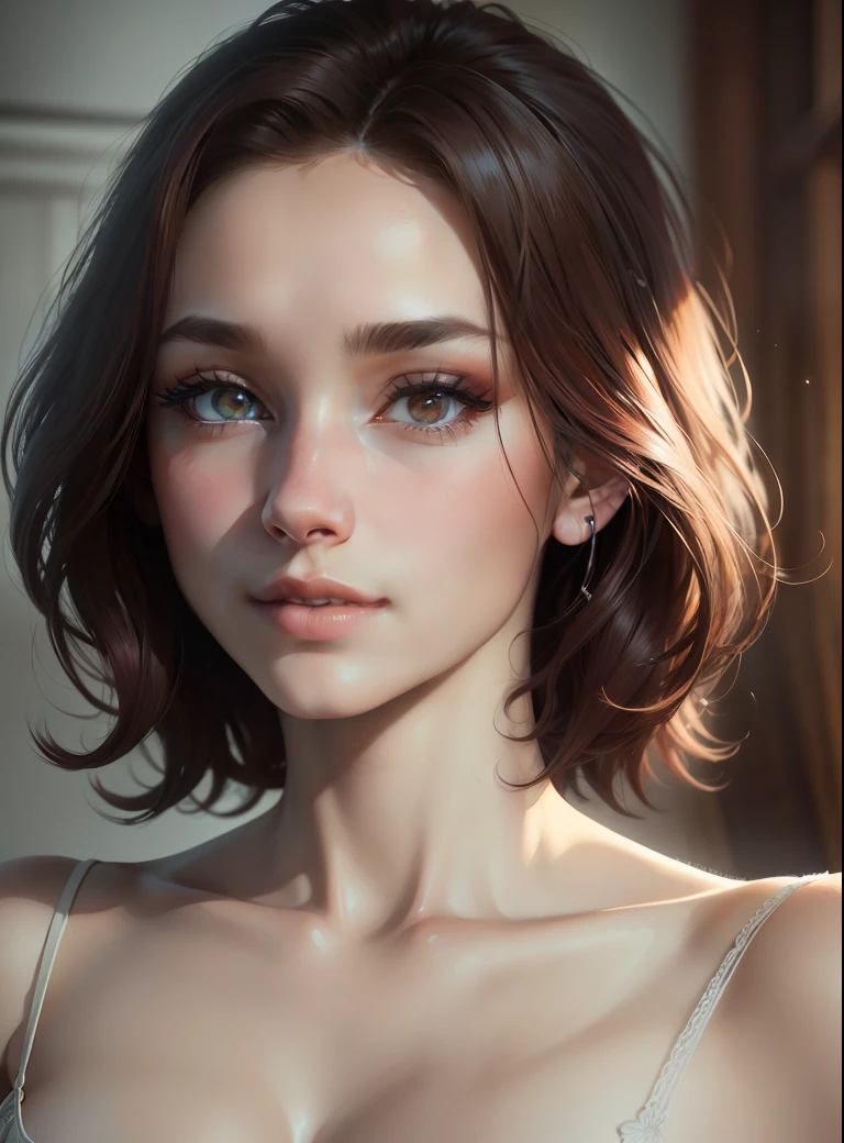 8k, ((A slight smil)),Photorealism, infp young woman, 23 years old, Pose from waist up, Look at viewers, ((alluring face)), Real skin, fulcolor, topquality, a very delicate and beautiful, Raw photo details, professional photograpy, 独奏, Beautiful lips, Real skin, fulcolor, Raw photo details, Realistic Pictures Beautiful Realistic Eyes, beautiful look, chestnut bristles, Maroon Eyes, warm dreamy lighting, White background, Volumetric lighting, Dynamic gradients, Vivid Color, Highly detailed vector curves, Smooth and clean, Cinematic, ornate pattern, Collection of masterpieces --auto