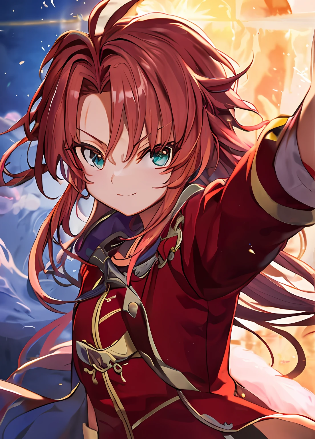 A closeup of a woman in a red suit with a chain around her neck, knights of zodiac girl, Saint Seiya, portrait knights of zodiac girl, Dia de Joana, Ciborgue sereia com um chicote laser, Angewoman Glamorous Digimon, em jojo\A Aventura Bizarra, Senhora Palutena, Arte do local, inspirado em Bartolomeo Vivarini, Torres, rosto detalhado, (((foto de corpo inteiro))), correndo , concentrando magia vermelha na ponta de uma espada