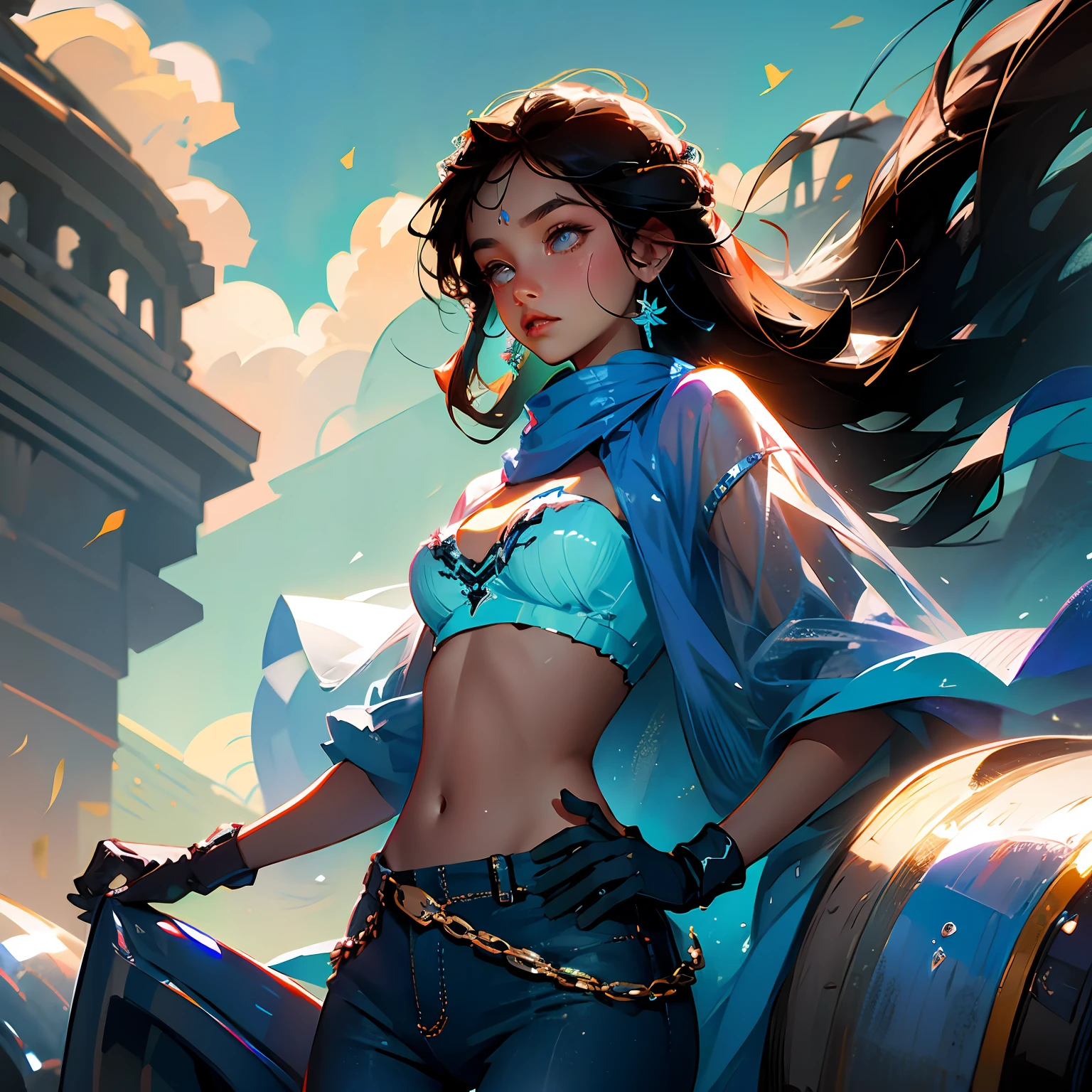 indian girl wearing aegean blue jeans and black gloves and bra --auto