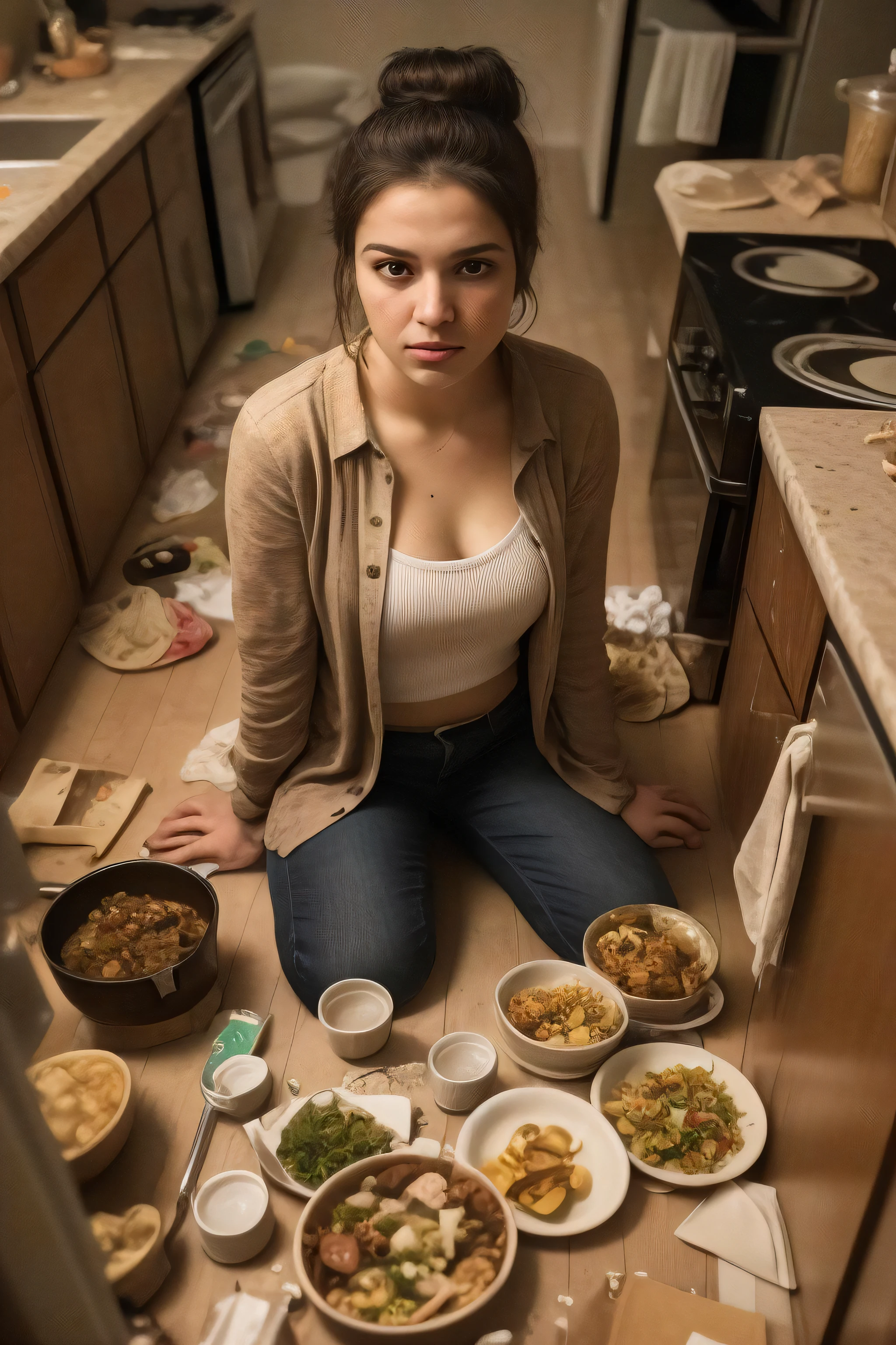 close up fullbody photo of 1girl, pretty, cutie, petite, slim, perfect body, perfect eyes, ((brunette)) messy bun hair, sitting on the kitchen floor, looking at the camera, cooking, food on the walls food mess, food everywhere, messy, gross, food fight, perfect face and eyes, film grain, cinematic, lens bokeh, epic composition, natural lighting, photography, hyperrealistic, double exposure, blurry, motion blur, absurdres, highres, high quality, best quality, masterpiece, intricate,