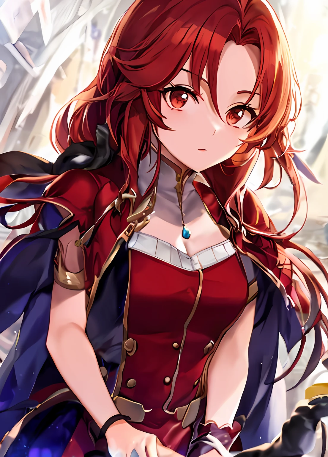 A closeup of a woman in a red suit with a chain around her neck, knights of zodiac girl, Saint Seiya, portrait knights of zodiac girl, Dia de Joana, Ciborgue sereia com um chicote laser, Angewoman Glamorous Digimon, em jojo\A Aventura Bizarra, Senhora Palutena, Arte do local, inspirado em Bartolomeo Vivarini, Torres, rosto detalhado, (((foto de corpo inteiro))), correndo , concentrando magia vermelha na ponta de uma espada