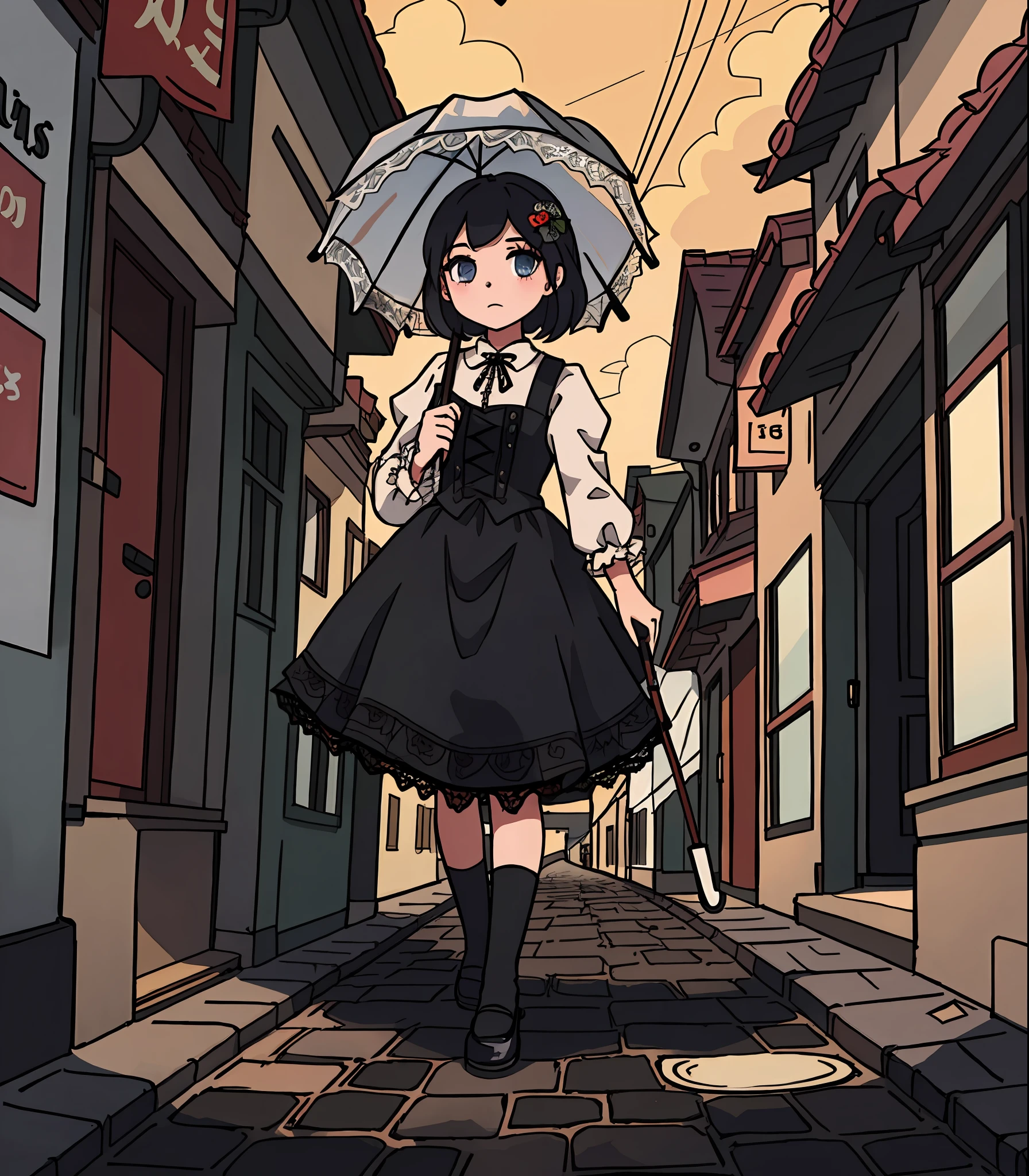 1girl, solo, gothic lolita, (holding a lace parasol), walking down an empty street, masterpiece, looking at viewer, beautiful scenery