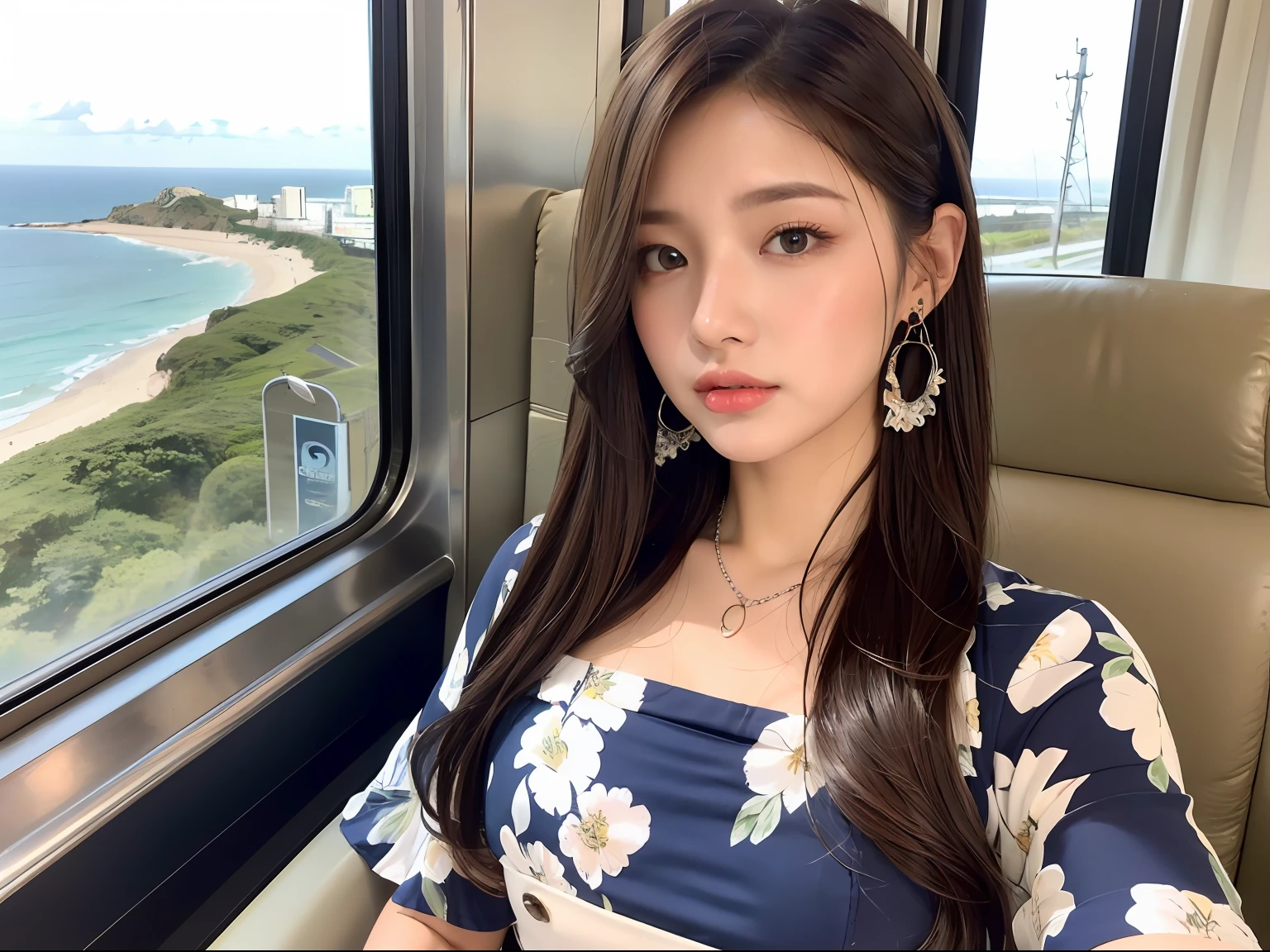 (Navy blue floral blouse:1.2), (wearing a White maxi-skirt:1.3), ((Innocent and cute girl:1.2)), (Layered Hairstyle, Light-brown hair, medium long hair), Very Detailed Face and Skin Texture, Detailed Eyes, Double Eyelids, Pale Cheeks, Shiny eyes:1.2, shiny little neckless and earrings, Glossy Lips: 1.4, fair skin:1.2, Perfect body, (Cowboy shot), (Selfie pose on Instagram), from the side, looking at the viewer next to you, medium large breasts, (upper bust), (seductive appearance: 1.2), (In the passenger seat of a train), ((beautiful clear sea view outside the train window)),