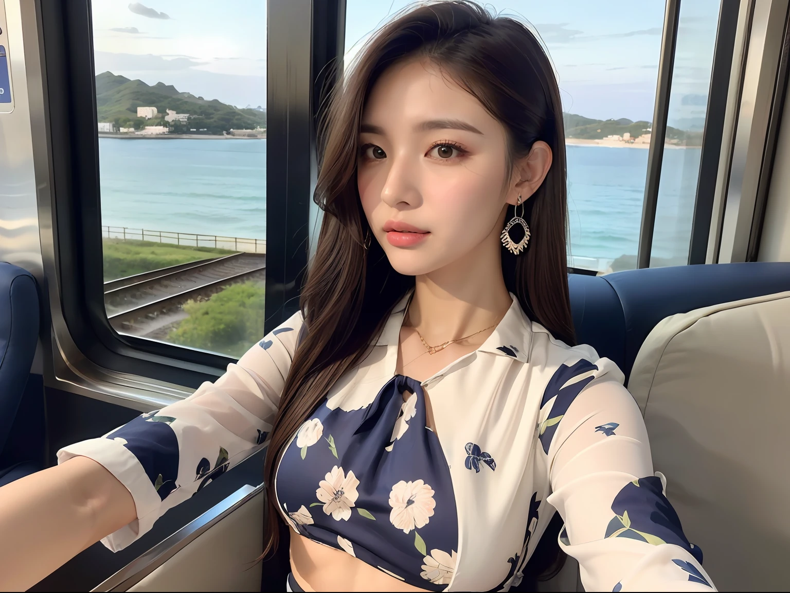 (Navy blue floral blouse:1.2), (wearing a White maxi-skirt:1.3), ((Innocent and cute girl:1.2)), (Layered Hairstyle, Light-brown hair, medium long hair), Very Detailed Face and Skin Texture, Detailed Eyes, Double Eyelids, Pale Cheeks, Shiny eyes:1.2, shiny little neckless and earrings, Glossy Lips: 1.4, fair skin:1.2, Perfect body, (Cowboy shot), (Selfie pose on Instagram), from the side, looking at the viewer next to you, medium large breasts, (upper bust), (seductive appearance: 1.2), (In the passenger seat of a train), ((beautiful clear sea view outside the train window)),