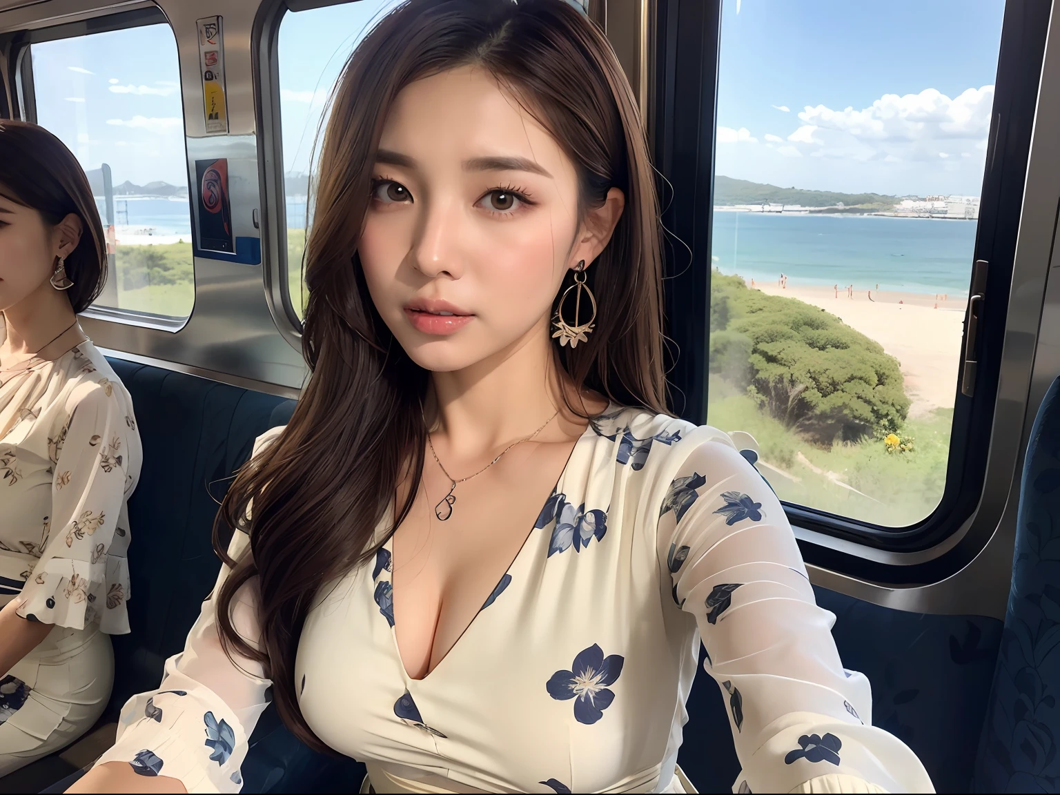 (Navy blue floral blouse:1.2), (wearing a White maxi-skirt:1.3), ((Innocent and cute girl:1.2)), (Layered Hairstyle, Light-brown hair, medium long hair), Very Detailed Face and Skin Texture, Detailed Eyes, Double Eyelids, Pale Cheeks, Shiny eyes:1.2, shiny little neckless and earrings, Glossy Lips: 1.4, fair skin:1.2, Perfect body, (Cowboy shot), (Selfie pose on Instagram), from the side, looking at the viewer next to you, medium large breasts, (upper bust), (seductive appearance: 1.2), (In the passenger seat of a train), ((beautiful clear sea view outside the train window)),