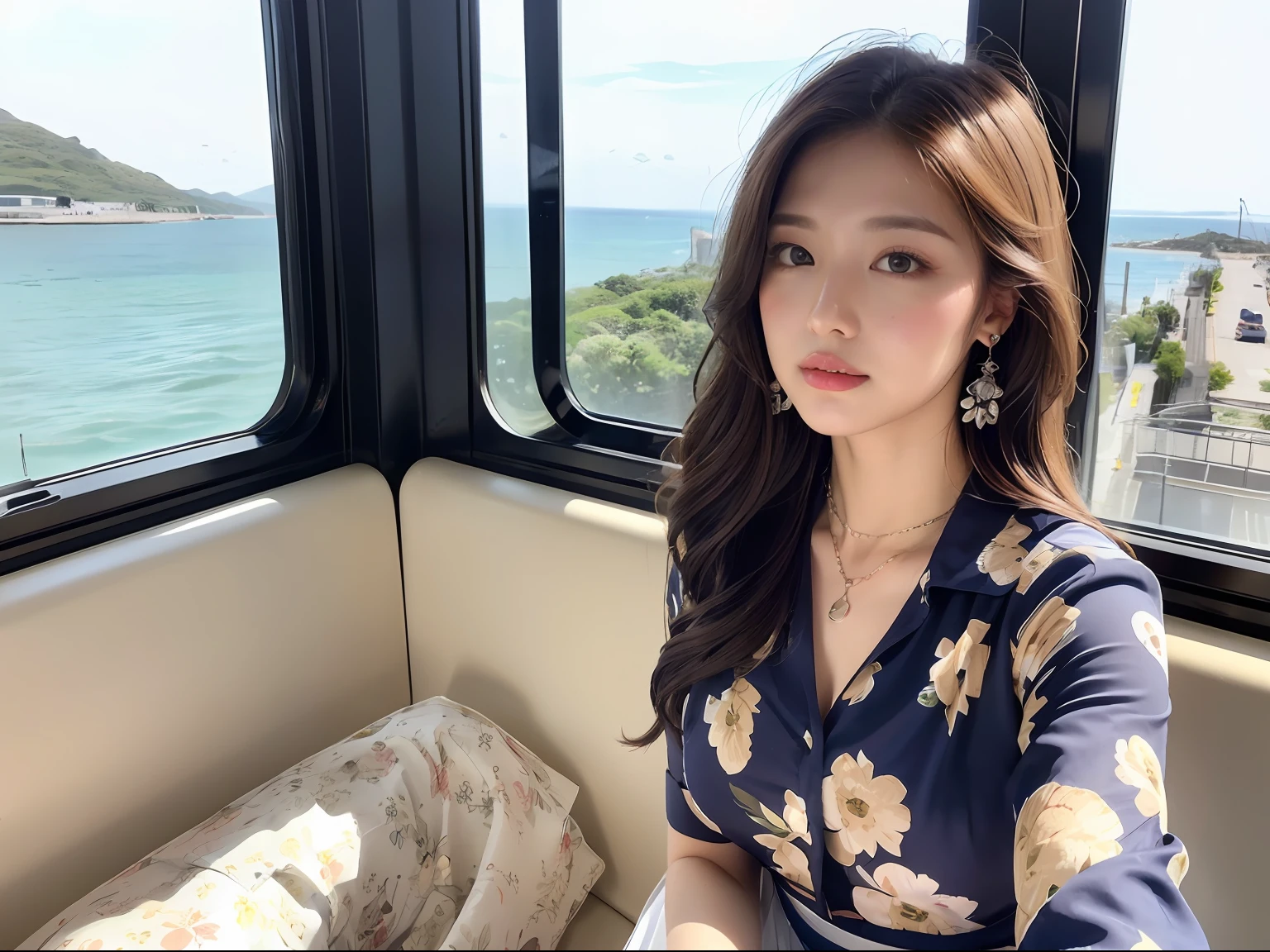 (Navy blue floral blouse:1.2), (wearing a White maxi-skirt:1.3), ((Innocent and cute girl:1.2)), (Layered Hairstyle, Light-brown hair, medium long hair), Very Detailed Face and Skin Texture, Detailed Eyes, Double Eyelids, Pale Cheeks, Shiny eyes:1.2, shiny little neckless and earrings, Glossy Lips: 1.4, fair skin:1.2, Perfect body, (Cowboy shot), (Selfie pose on Instagram), from the side, looking at the viewer next to you, medium large breasts, (upper bust), (seductive appearance: 1.2), (In the passenger seat of a train), ((beautiful clear sea view outside the train window)),