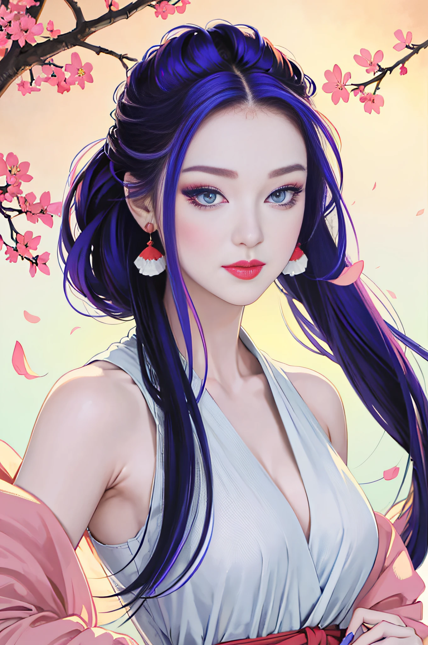 ichiro, ((split color hair:1.5)), illustration, 2d,
super long hair,see through, upper body,
, pubic hair, 1girl, solo, ((medium tits)), smile, (super long hair:1.2), blue grey eyes, random color hair, gloves, dress, bare shoulders, jewelry, upper body, earrings, black gloves, elbow gloves, hand up, random color, random color dress, makeup, lipstick, sakura petals pattern, bamboo leaves pattern, rim light, back light, pastel color,