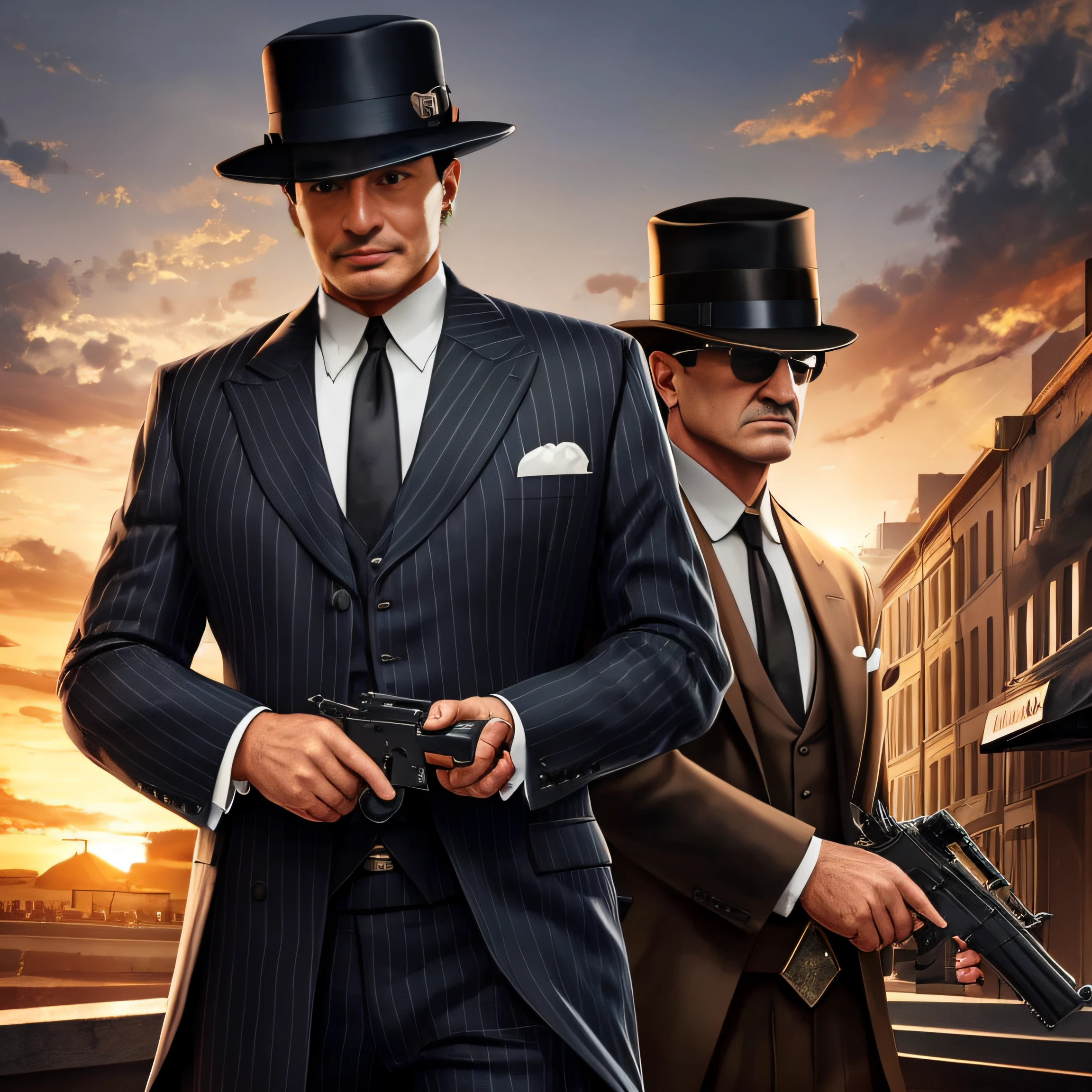 Mafia boss wearing 1920s mobster clothes, in a mobster hat holding a gun in his hand and looking forward at the sight of his opponent, realista, UHD, 8k --auto