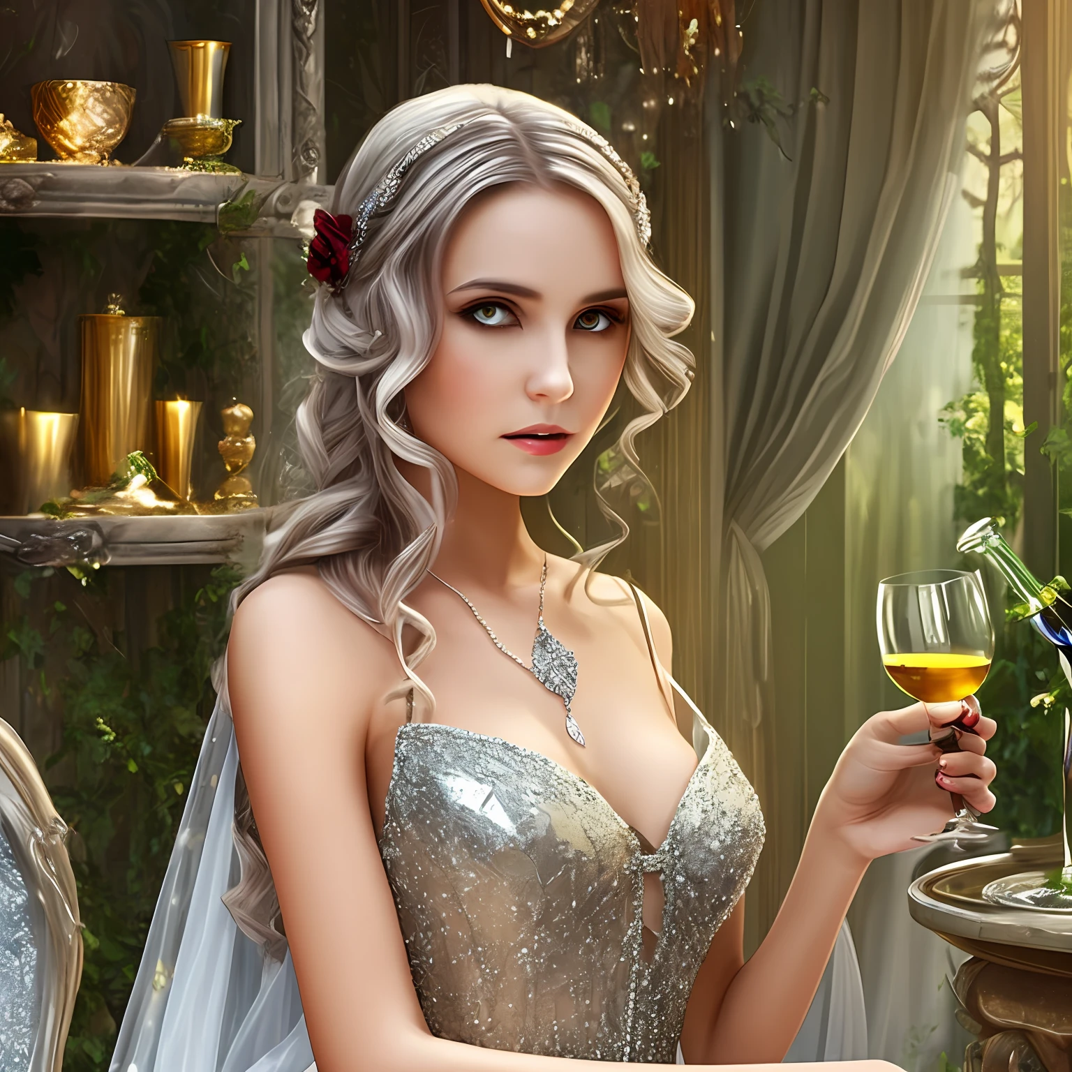 A young female vampire, beautiful, in a silver gown, holding a glass of wine in her hand. --auto --s2