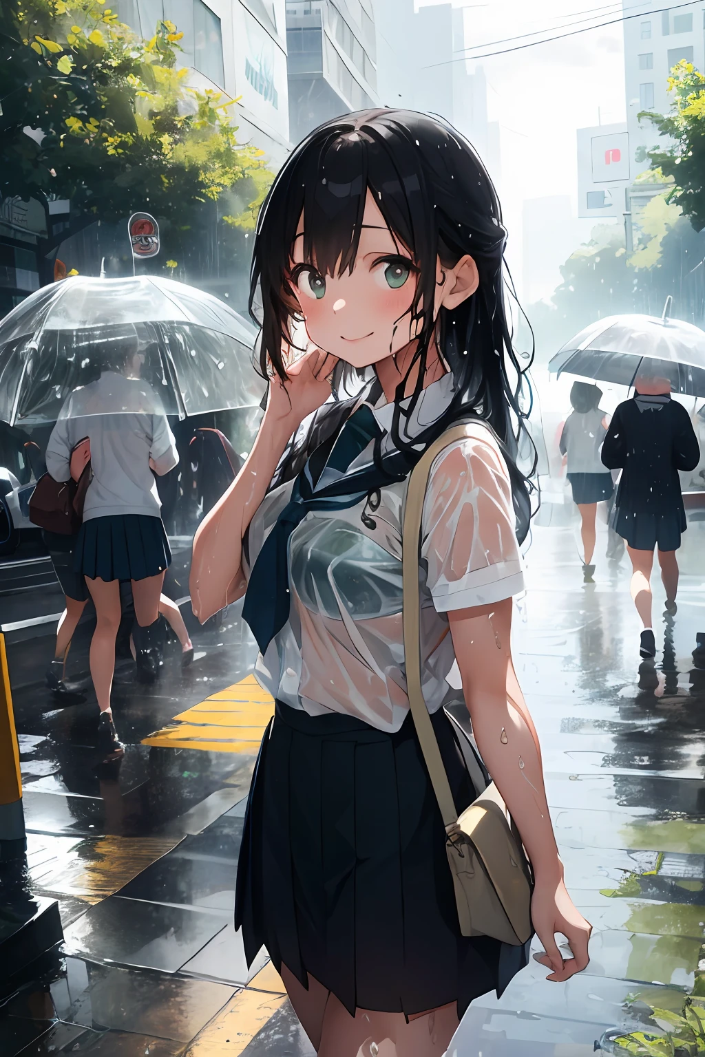 (masterpiece, best quality), 1girl, yo, school uniform, long hair, (wet hair), wet clothes, see through, (heavy rain), downpour, cloudburst, walk the city street, smile, crowd, summer, green trees, vibrant colors, volumetric lighting, best lighting, best shadows