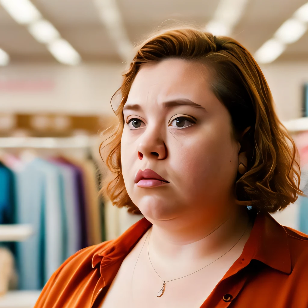 (35mmstyle:1) artstyle, headshot portrait photo cinematic film still of a ugly Fat girl looking tired working at a Department Clothing Store, depth of field