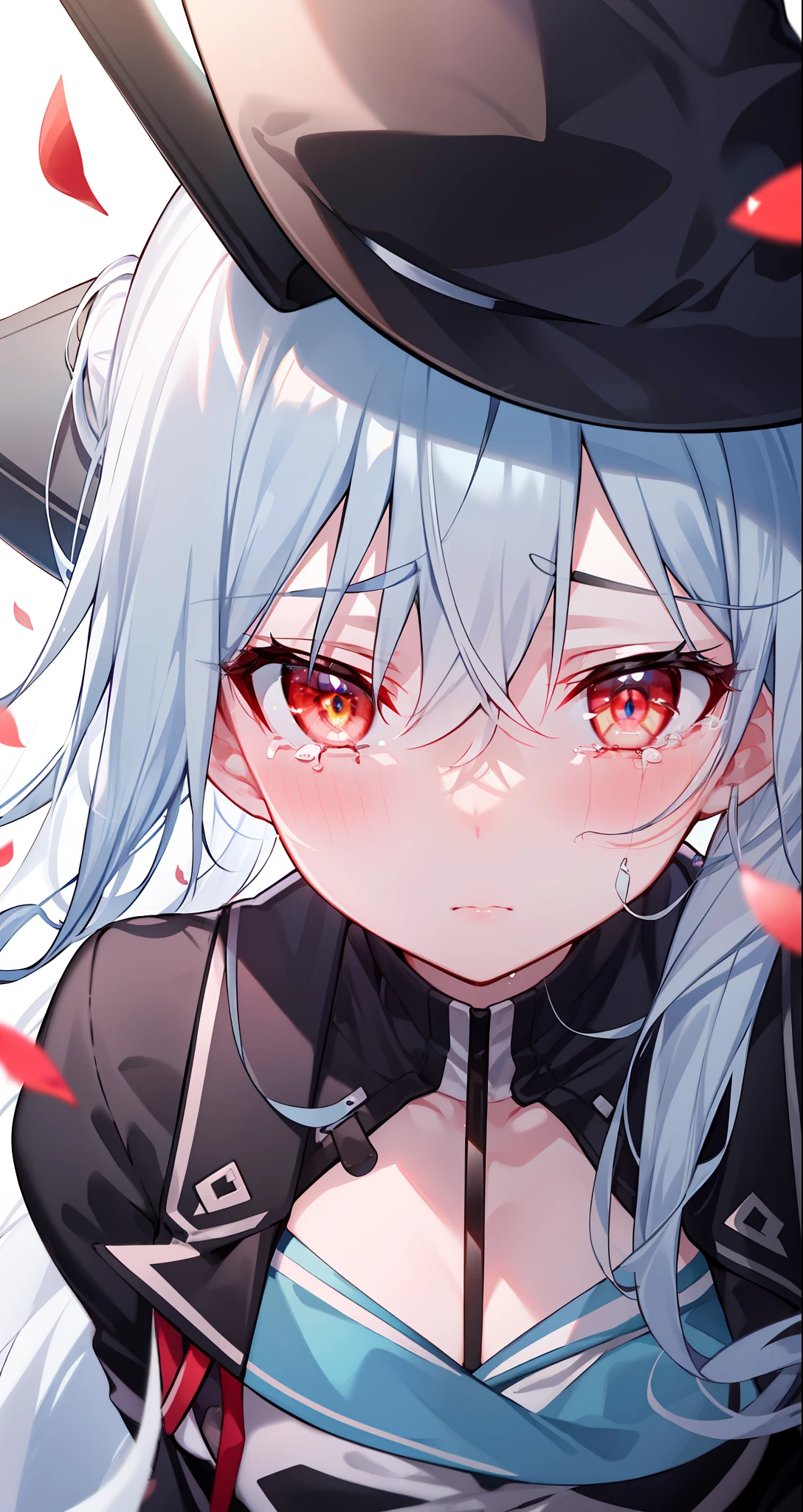 (masterpiece), (best quality),highres, ultra detailed, professional lighting, esdeath, esdeath outfit, front view, tearful eyes, sad, tilted head, looking away, crying, falling petals, whole body, cheeks turning red, depressed look