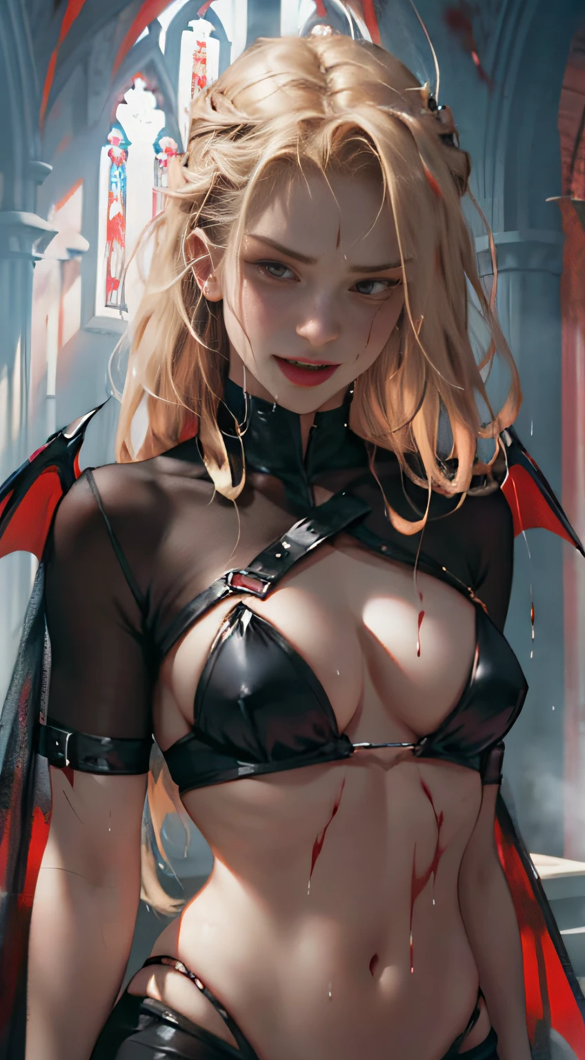 a sexy vampire wearing a red bikini, stained with blood, staring at the viewer crying tears of blood, and small wounds on her face, whole body, wet body, wet clothes, flowing blonde hair, menacing gaze and fangs, gleaming vampire wings, blood staining her pale face, big, sharp nails ready to pounce, in a dark abandoned church, with a few candles lighting up, with intensely mesmerizing red eyes