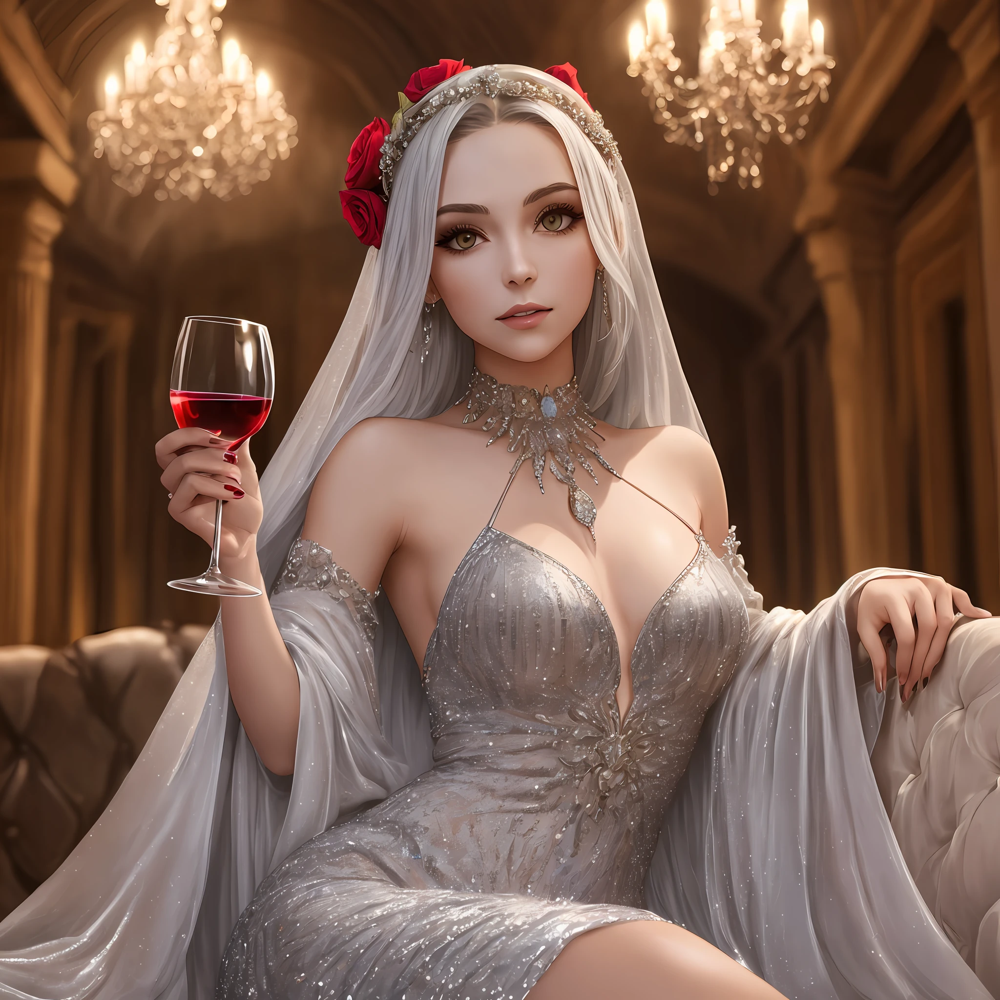 A young female vampire, beautiful, in a silver gown, holding a glass of wine in her hand. --auto --s2